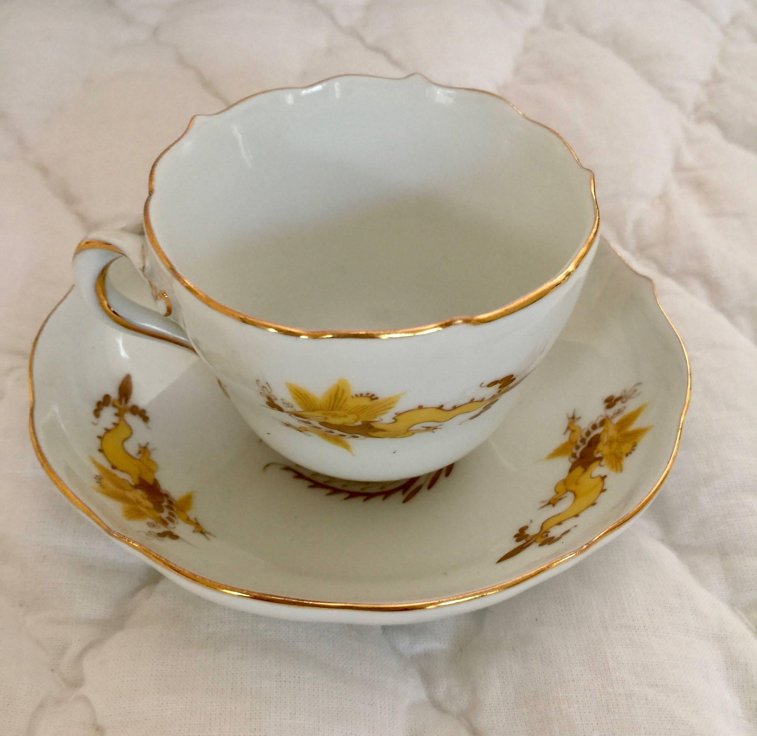 19th century Meissen Porcelain scalloped yellow dragon demitasse cup and saucer
Painted with gold gild and dragons
Saucer 4.13