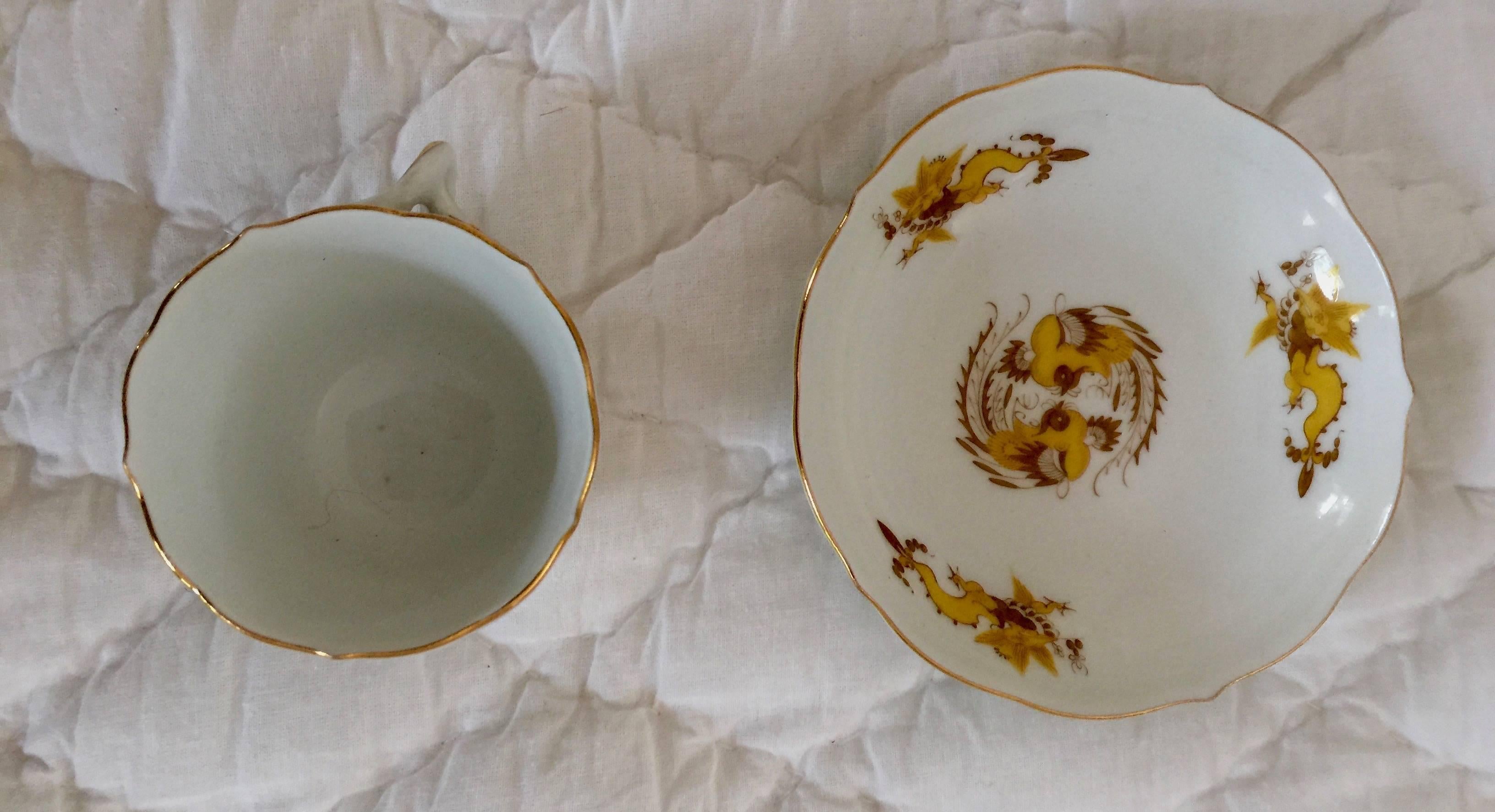 German 19th Century Meissen Porcelain Scalloped Yellow Dragon Demitasse Cup and Saucer