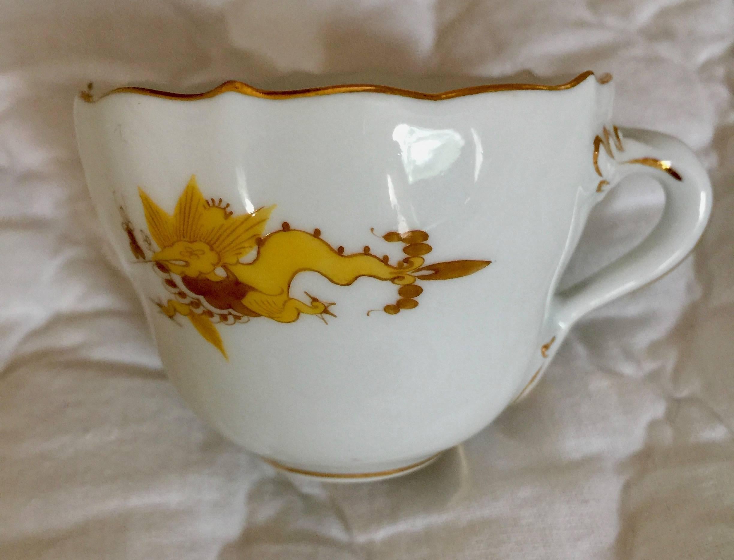 19th Century Meissen Porcelain Scalloped Yellow Dragon Demitasse Cup and Saucer 2