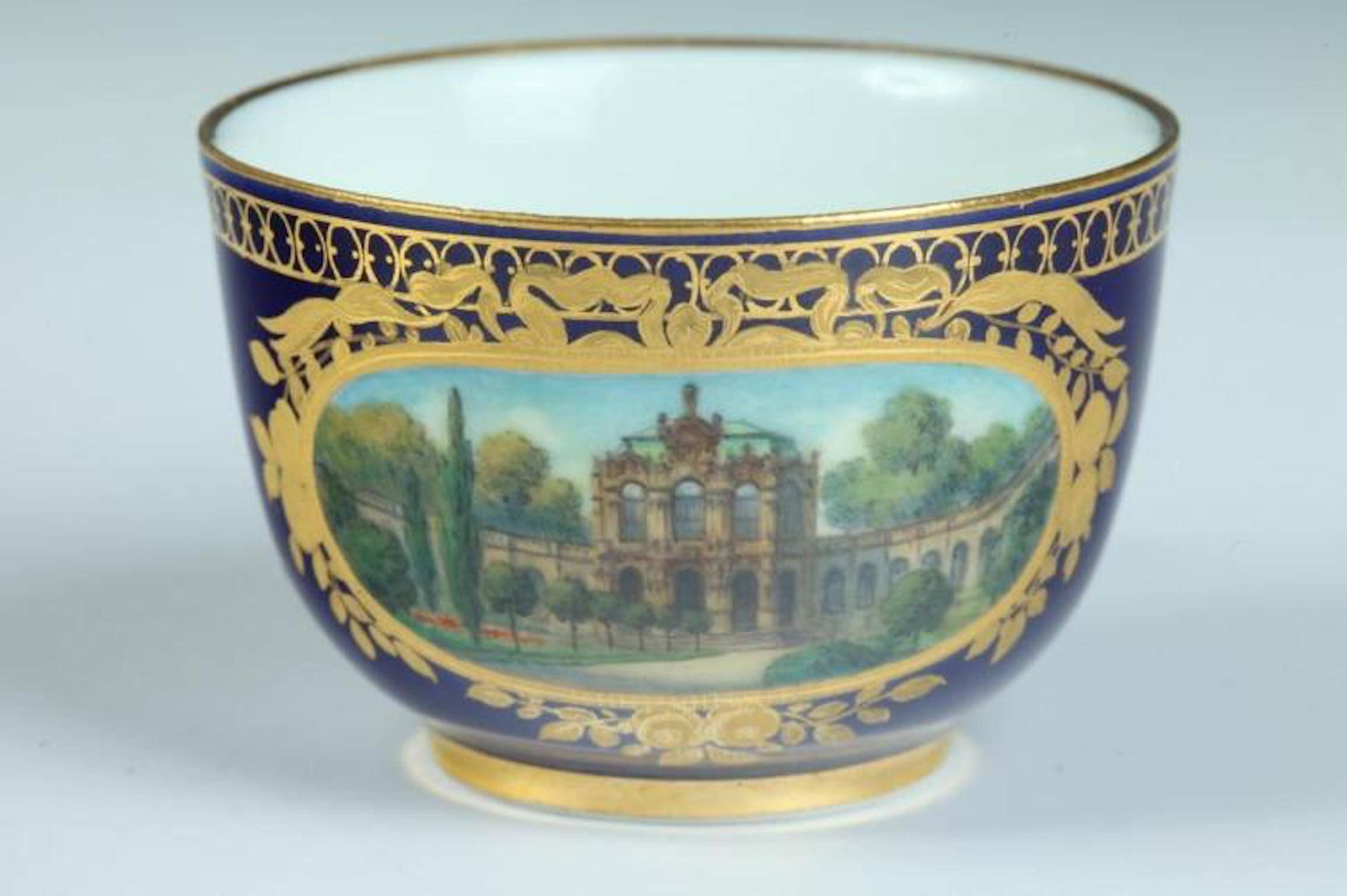 Meissen Dresden Pattern Covered Cobalt Blue and Gilt Demitasse Cup and Saucer In Good Condition In Washington Crossing, PA