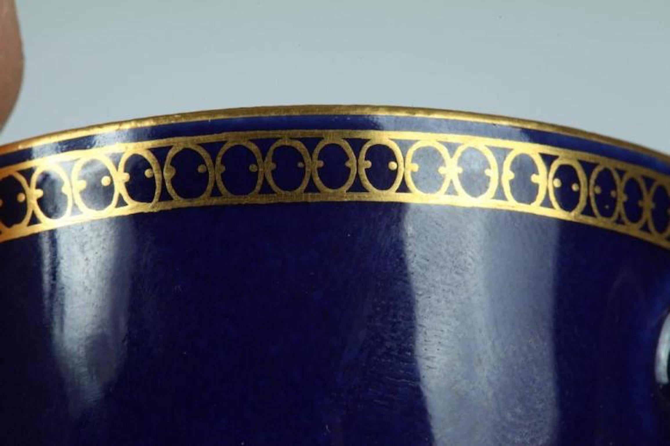Porcelain Meissen Dresden Pattern Covered Cobalt Blue and Gilt Demitasse Cup and Saucer