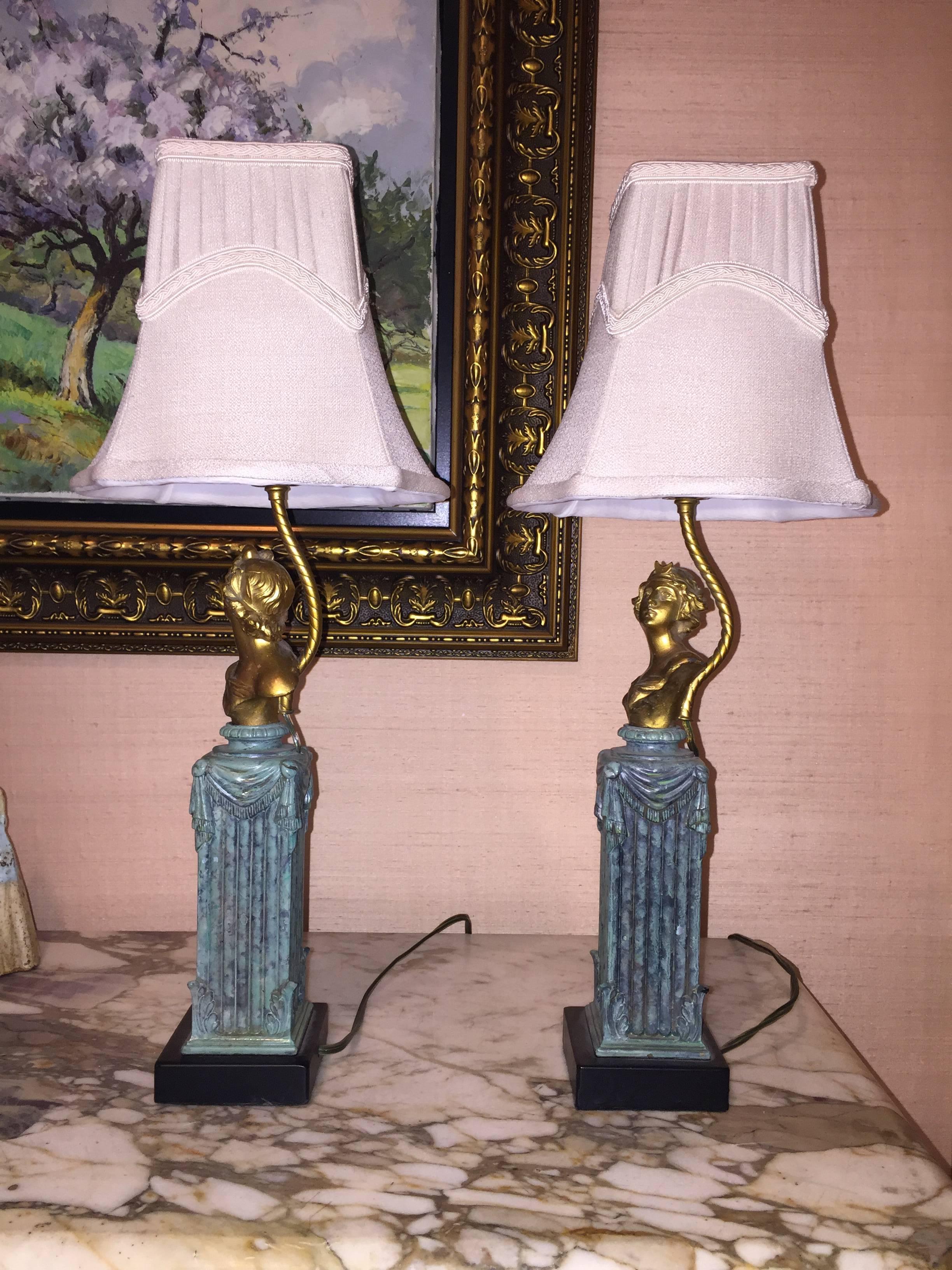 Pair of lamps, gilt metal busts, resin bases, contemporary with antique parts.