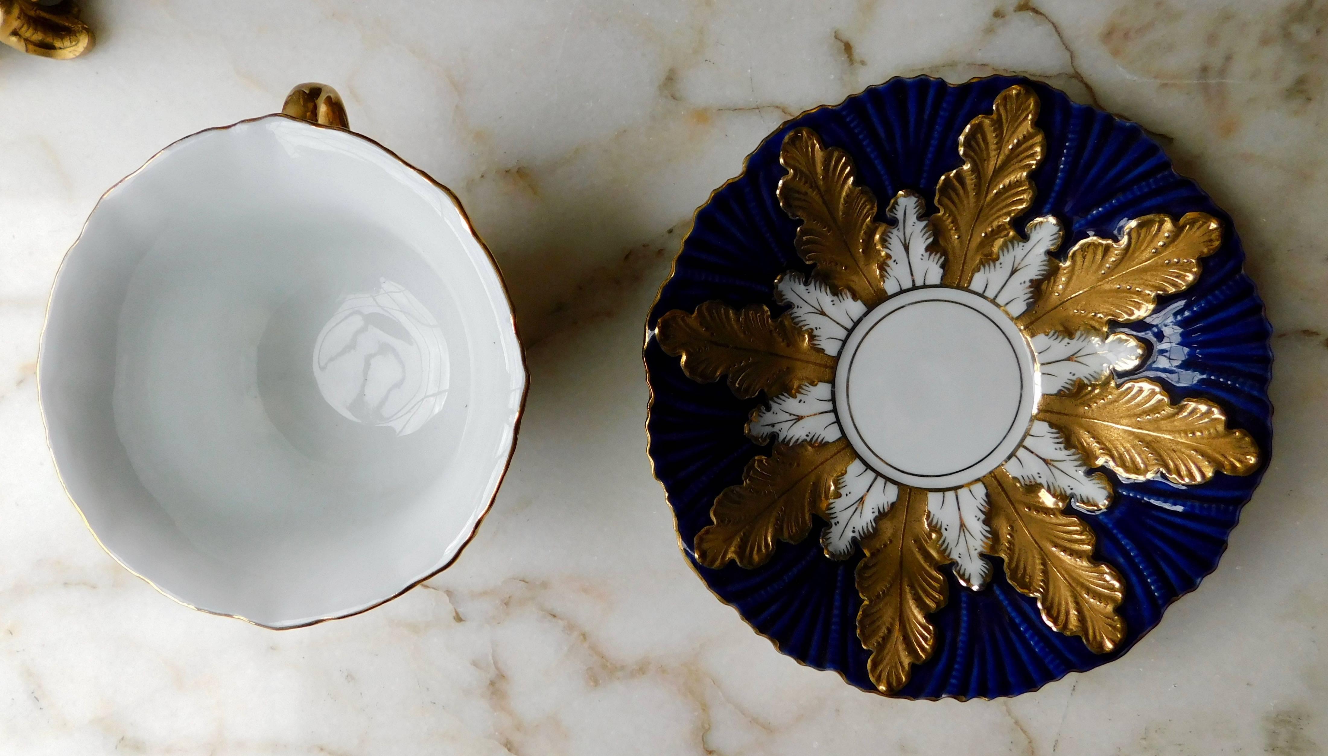 19th century Meissen Porcelain cup and saucer with gold, blue and white decoration.

Meissen Porcelain or Meissen china is the first European hard-paste porcelain. It was developed starting in 1708 by Ehrenfried Walther von Tschirnhaus. After his