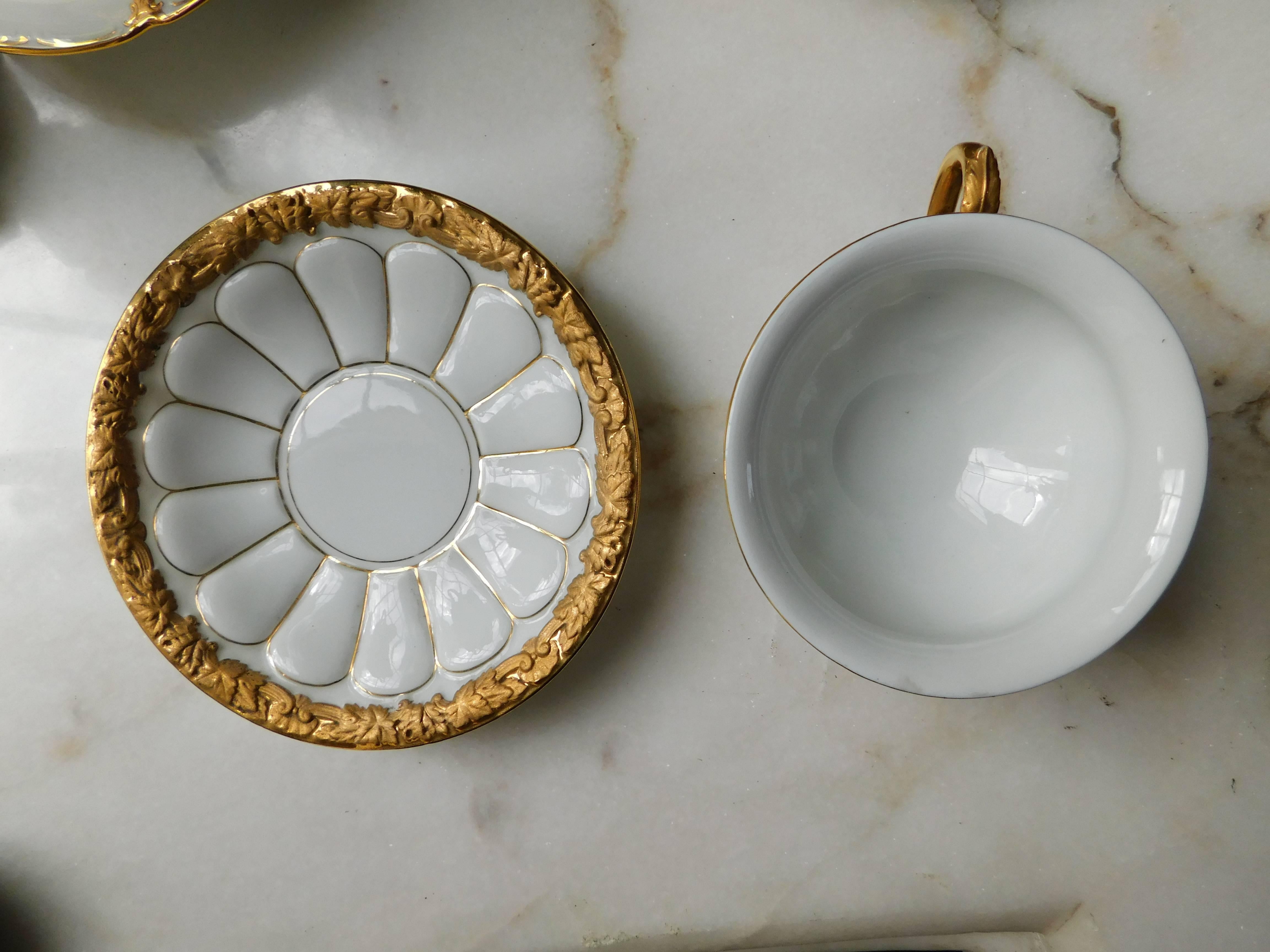 19th century Meissen Porcelain cup and saucer white and gold trim.
Measure: Saucer 6in D, 1in H
Cup 3.13in D, 2.75 in H

Meissen Porcelain or Meissen china is the first European hard-paste porcelain. It was developed starting in 1708 by