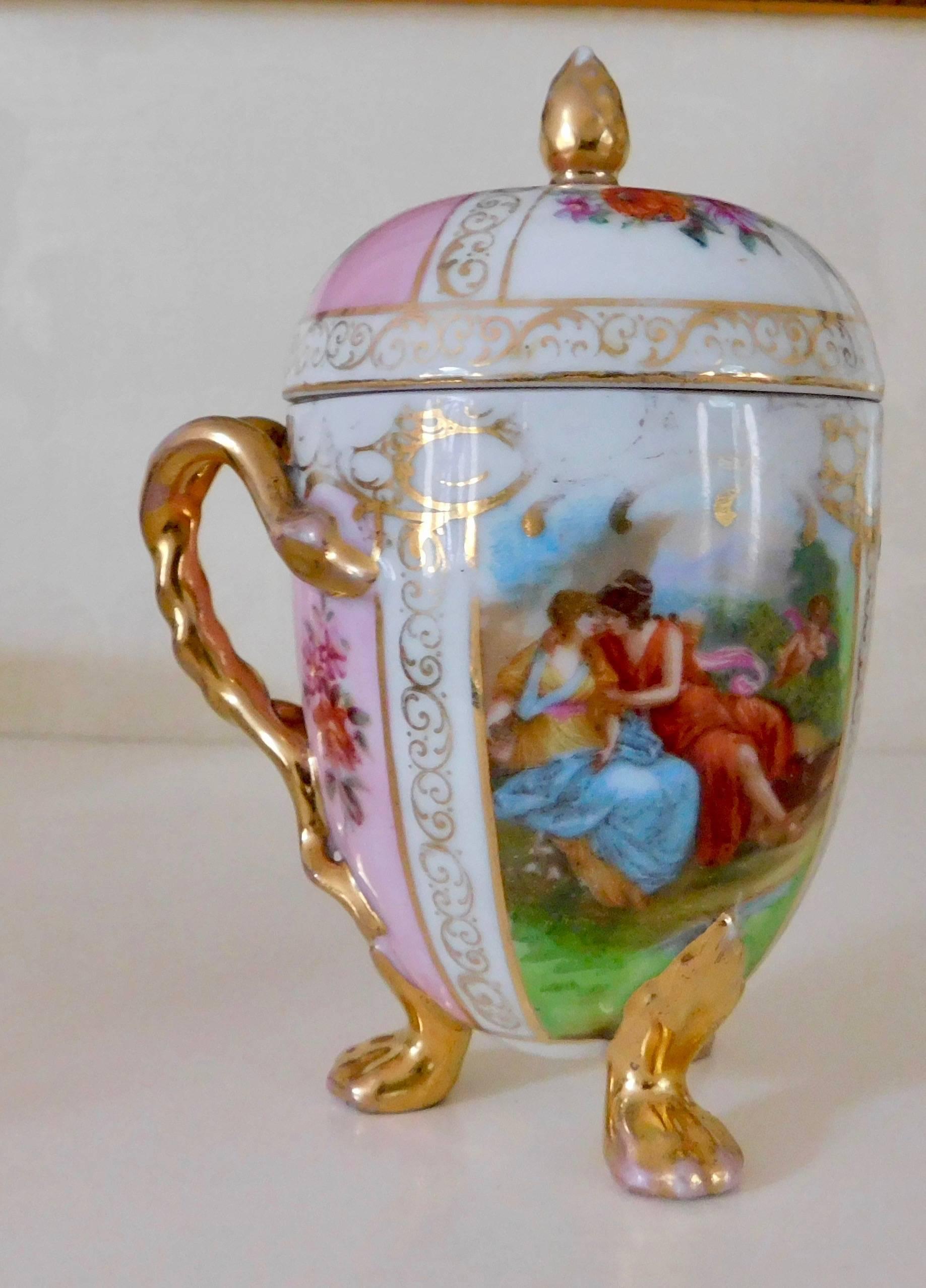Antique 19th Century Meissen Porcelain Tea Cup and Saucer with Lid Painted with scenes and gold. 3 pieces (cup, saucer & lid)
Cup 4.88 In H x 3.25 zin W x 3 In D
Saucer 5.5 In D x .88 In H


Meissen porcelain or Meissen china is the first