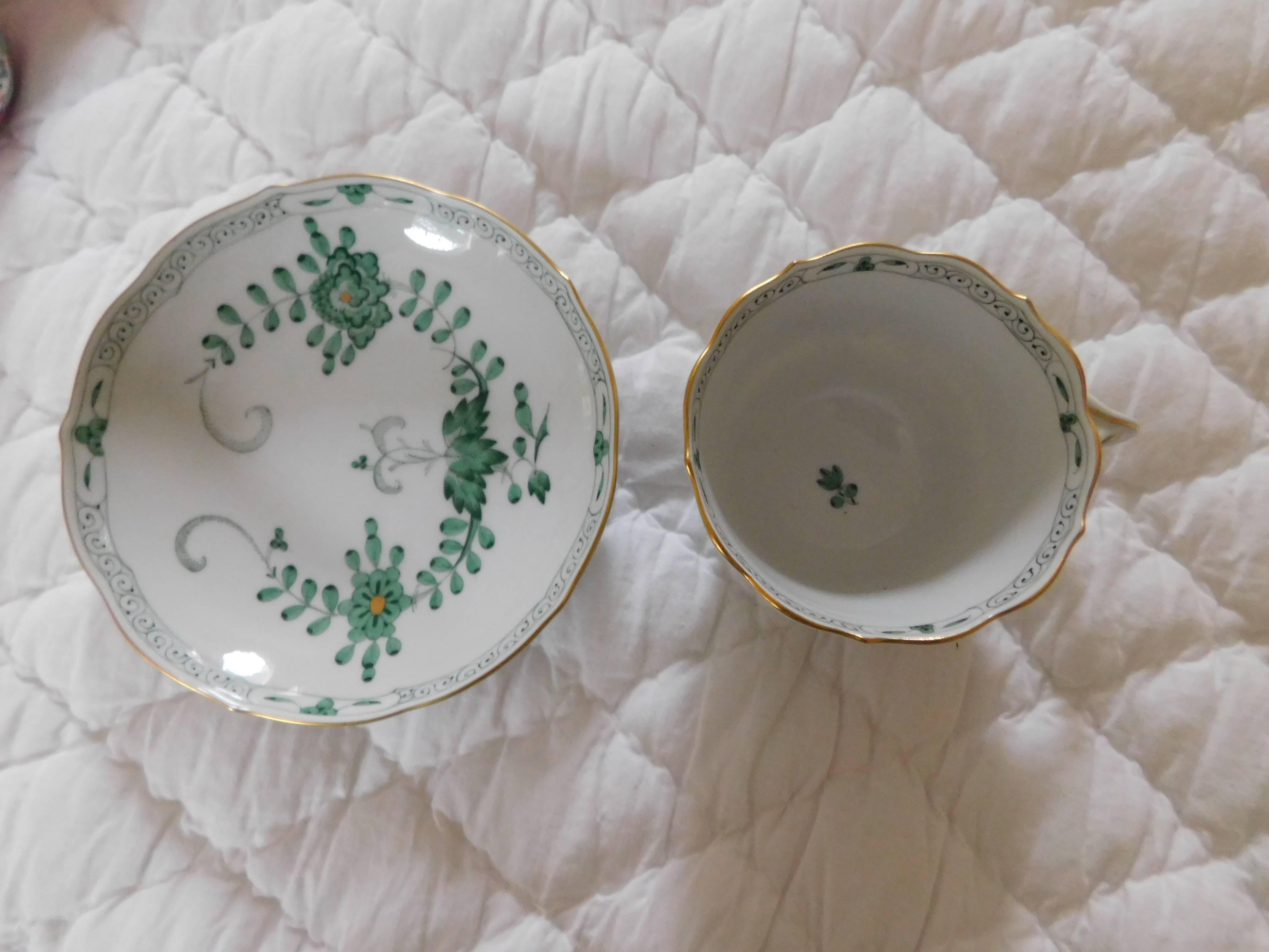 Meissen Porcelain Green Indian Flowers Large Cup and Saucer, 20th Century In Excellent Condition For Sale In Washington Crossing, PA