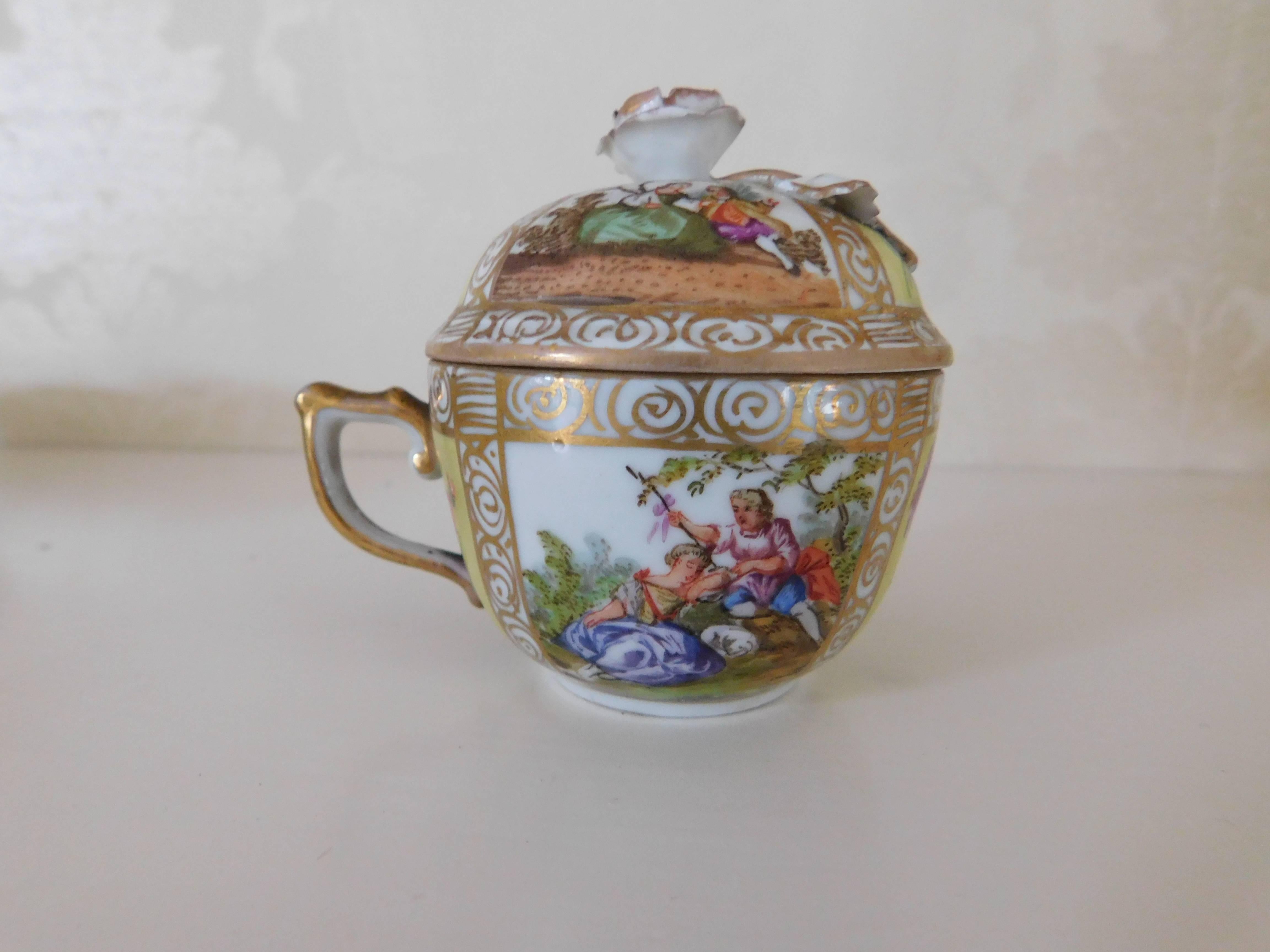 19th century Meissen porcelain chocolate cup, lid and saucer.