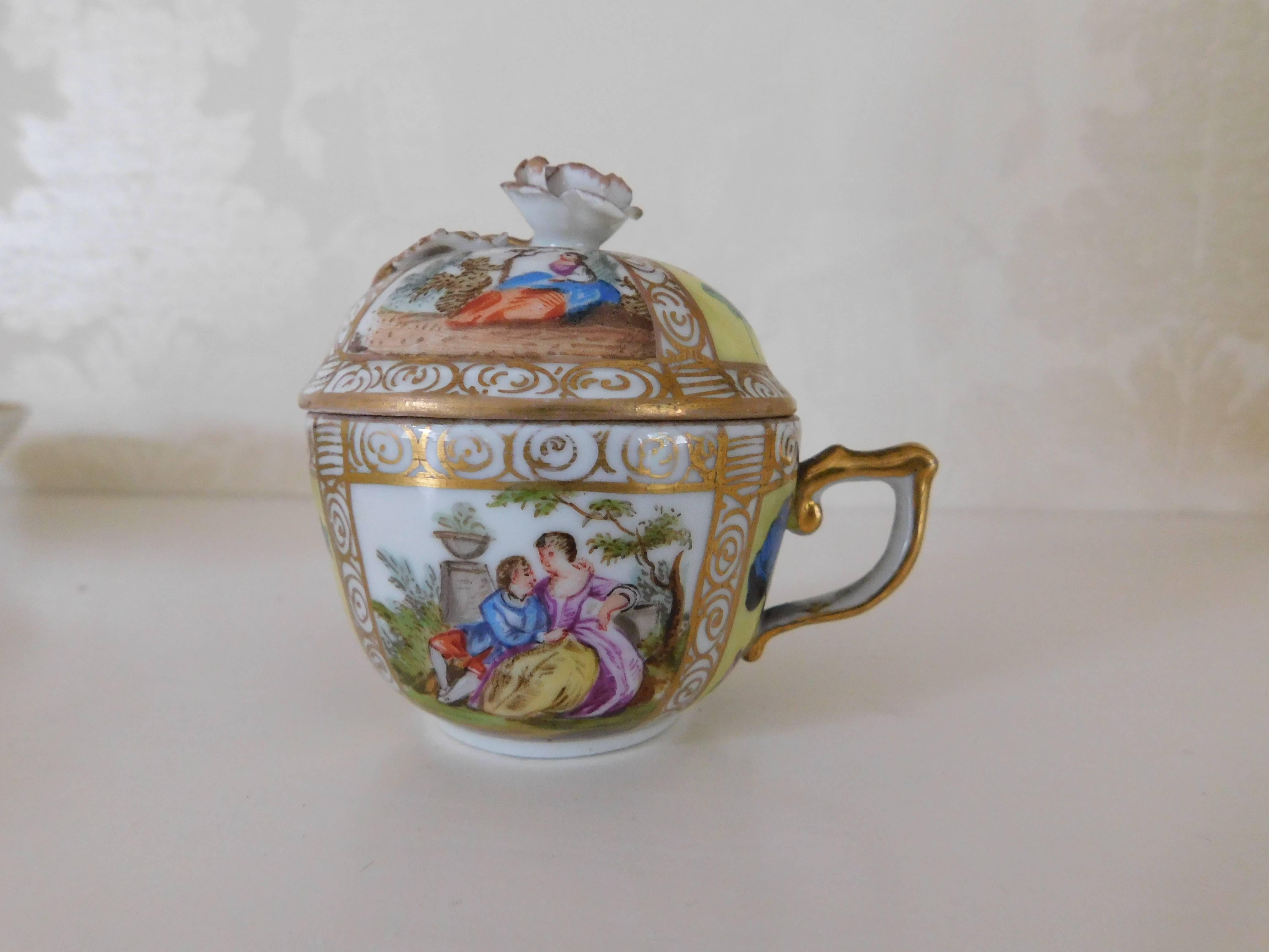 Gilt 19th Century Meissen Porcelain Chocolate Cup, Lid and Saucer
