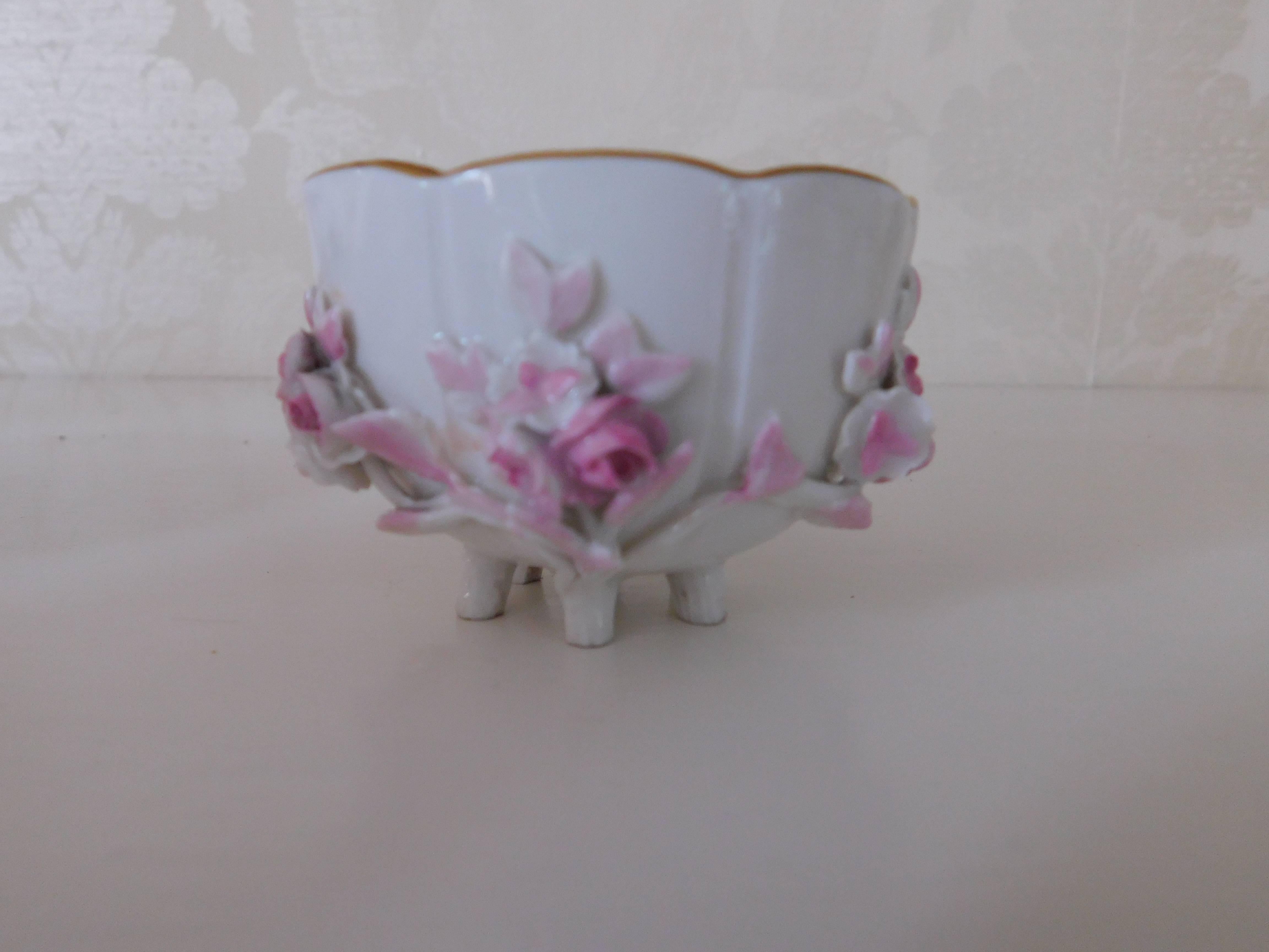 19th century Meissen Porcelain floral teacup and saucer
White with pink flowers
Measurements in inches:
Cup 2.5 D x 2 H
Saucer 4 D x 1 H.