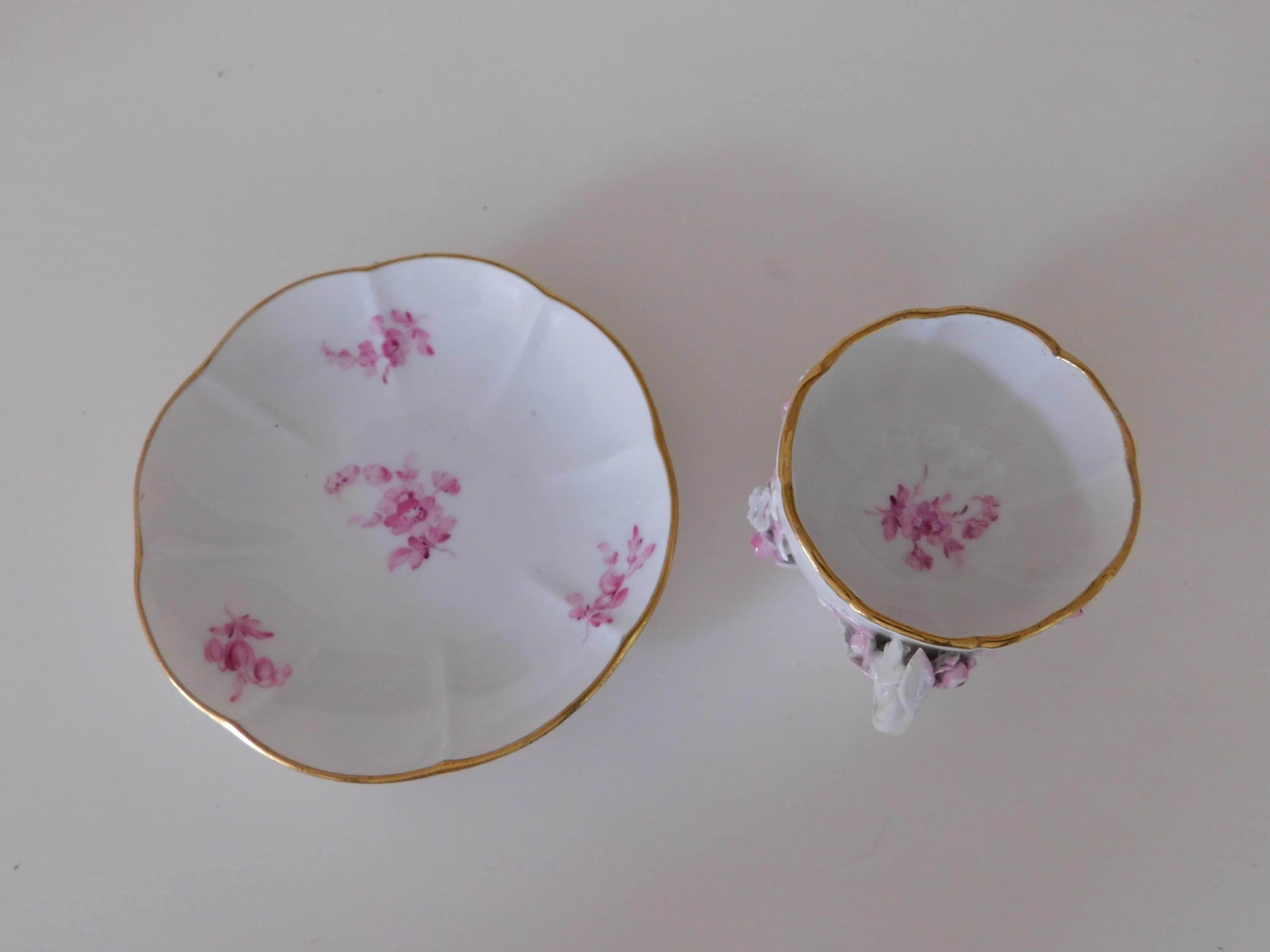 German 19th Century Meissen Porcelain Floral Teacup and Saucer For Sale