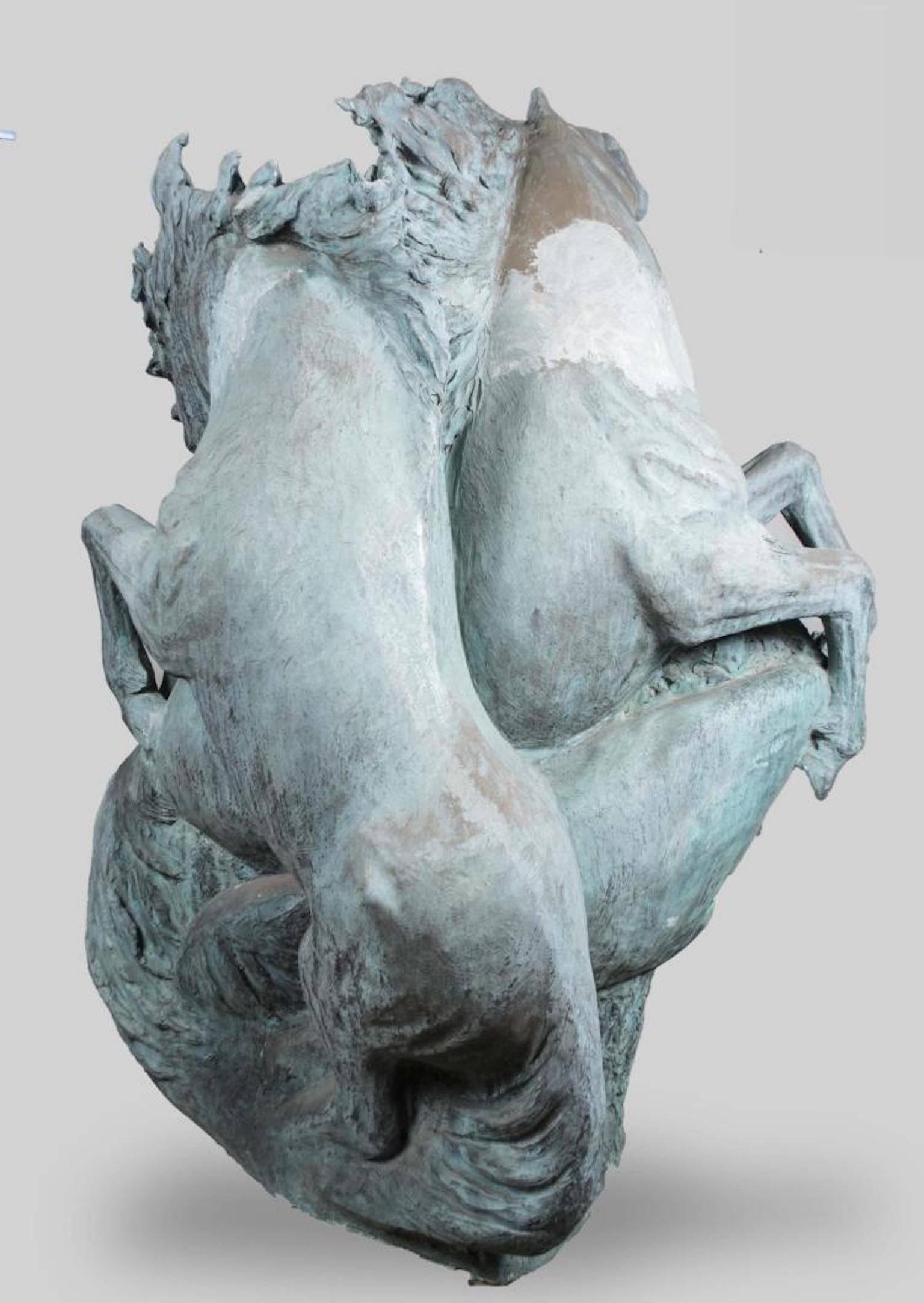 Large Italian sculptural fountain of horses modeled in the sea. Plaster with a green and blue weathered patina, 20th century Approximately 8 ft tall.