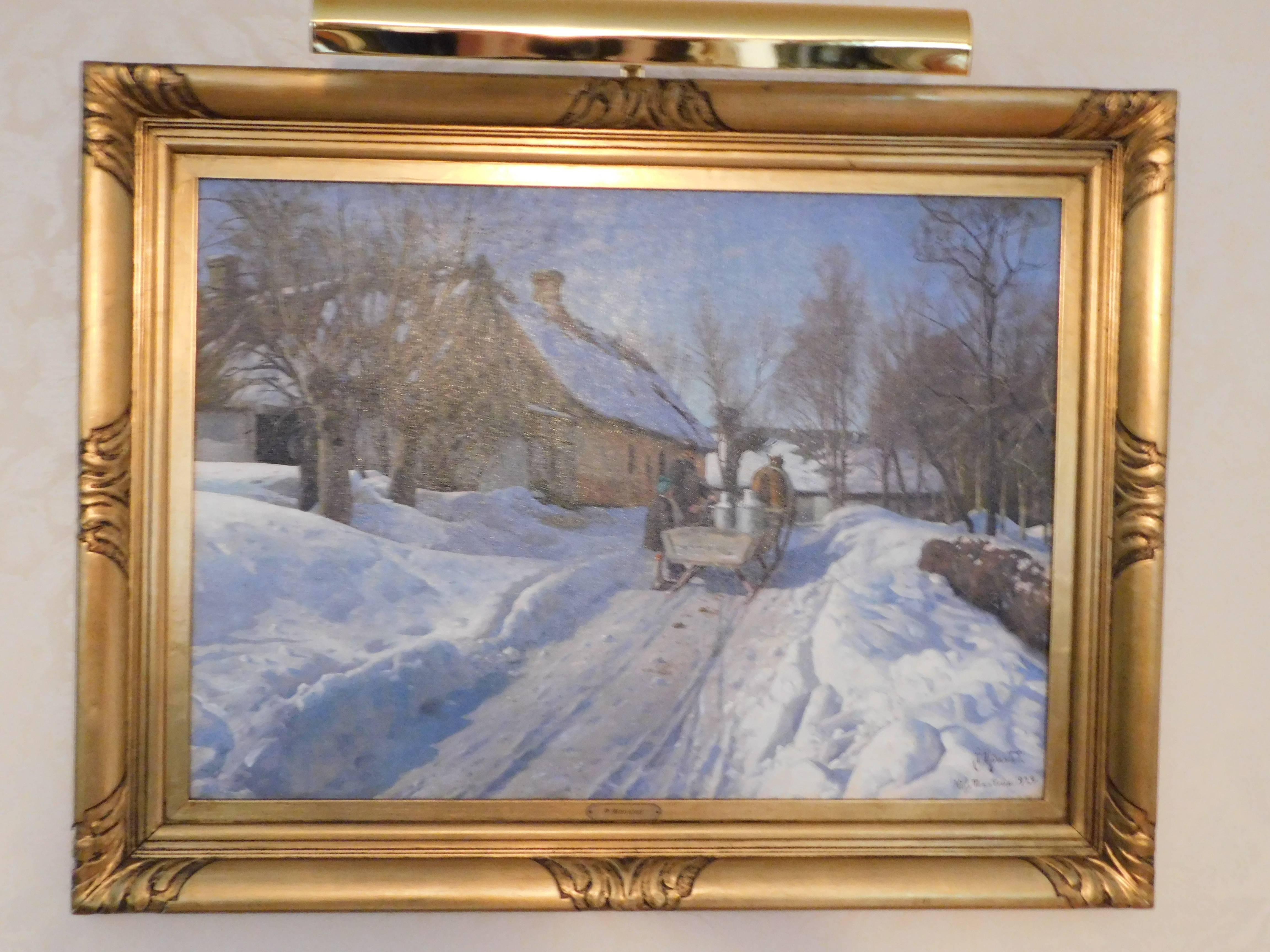 Danish Peder Mønsted, Winter Landscape with a Milkman in Høje Taastrup Signed and Dated For Sale