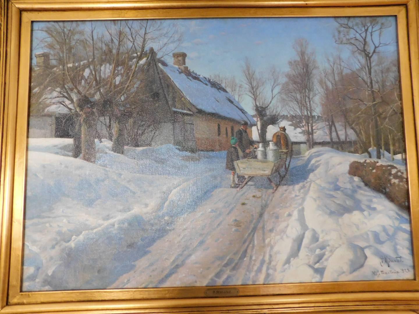 20th Century Peder Mønsted, Winter Landscape with a Milkman in Høje Taastrup Signed and Dated For Sale