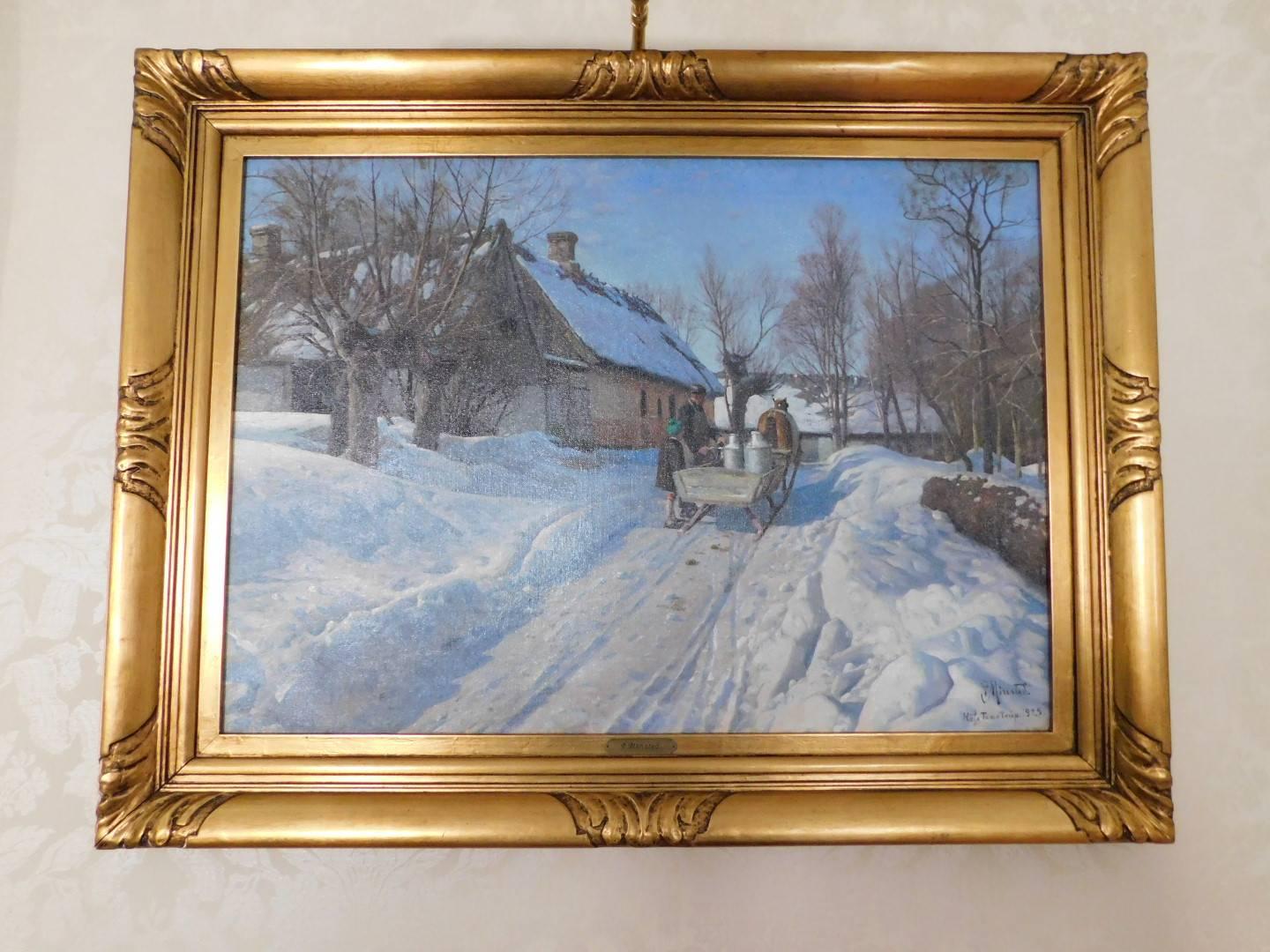 Peder Mønsted: Winter landscape with a milkman in Høje Taastrup. Signed and dated P. Mønsted Høje Taastrup 1929. Oil on canvas. Measures: 50.5 × 70.5 cm.