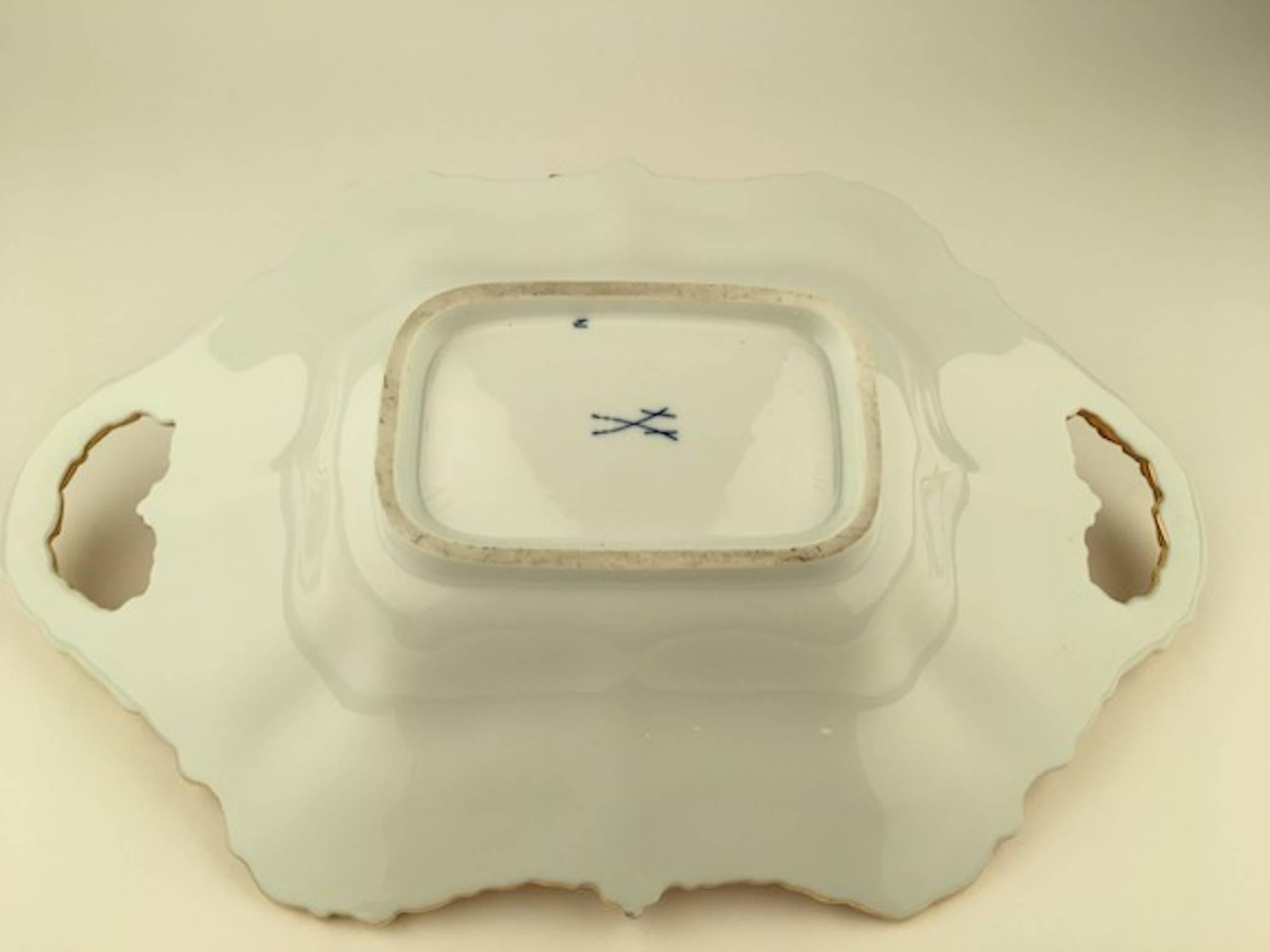 20th Century Meissen Two Handle Serving Tray with Gold Gilt Handles and Boarder 1