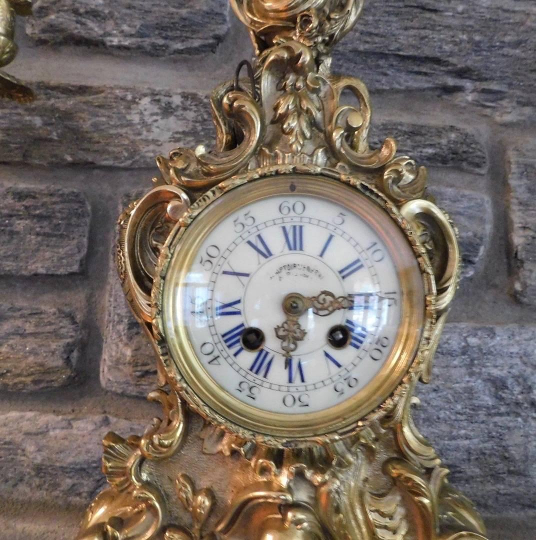 19th Century, French Brass Garniture Clock Set with Candelabras For Sale 1