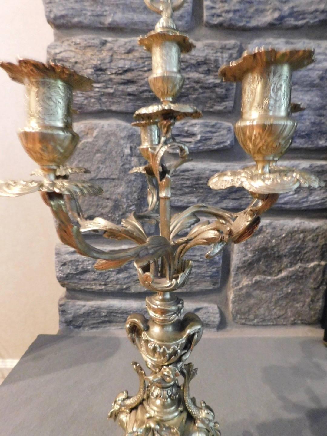 19th Century, French Brass Garniture Clock Set with Candelabras For Sale 3