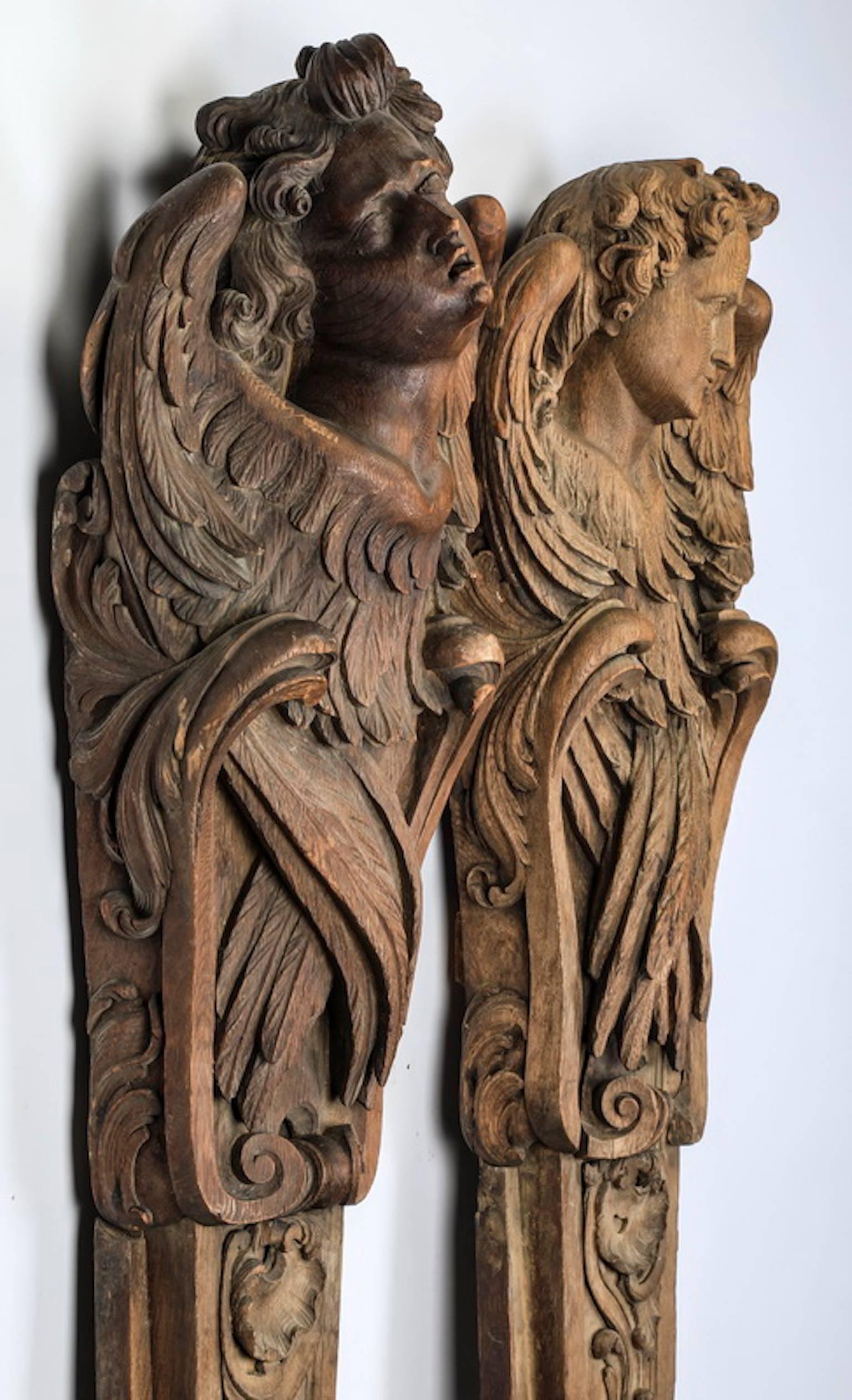 Baroque Two 18th Century French Carved Oak Angel Pilasters For Sale