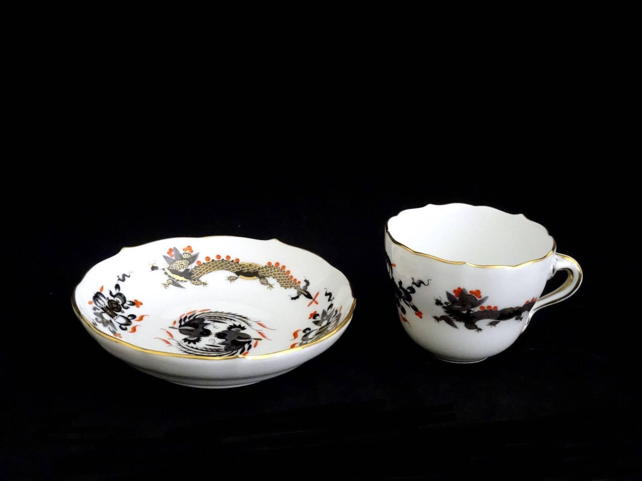 19th Century Meissen Black Dragon Red Accent Demitasse Cup and Saucer For Sale