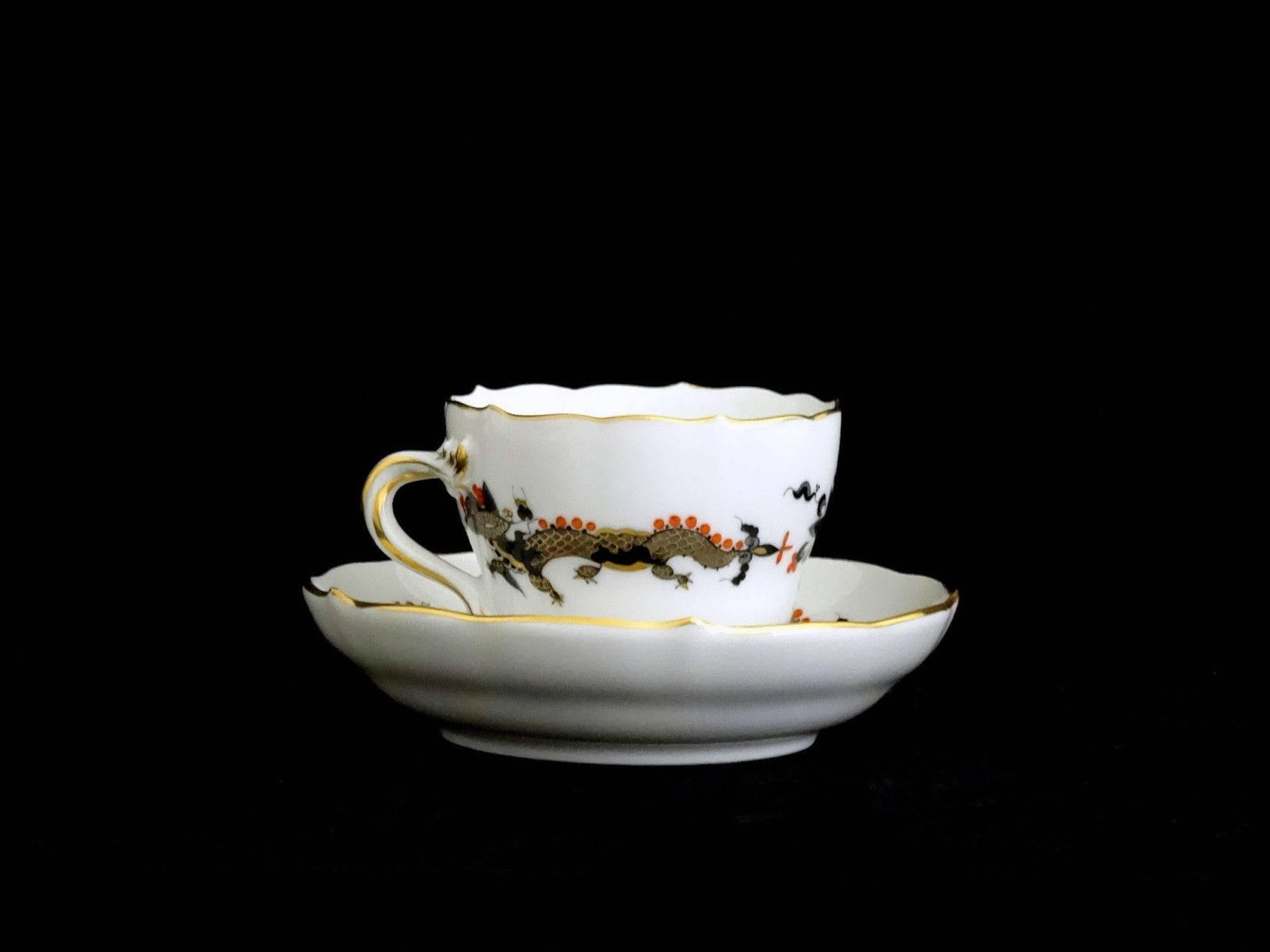 Porcelain Meissen Black Dragon Red Accent Demitasse Cup and Saucer For Sale