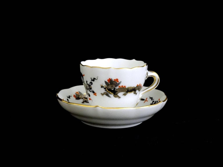 Meissen Black Dragon Red Accent Demitasse Cup and Saucer For Sale 2