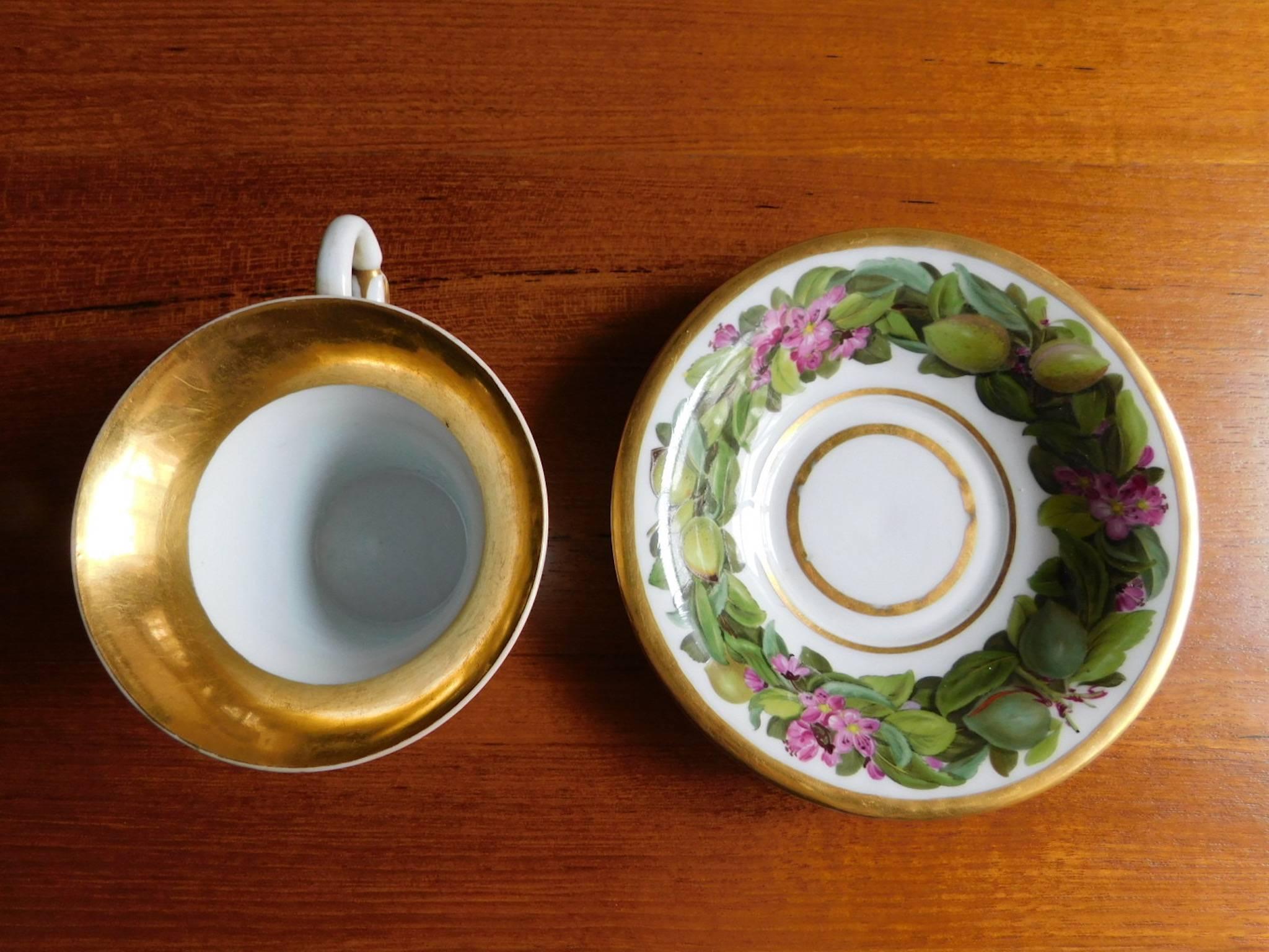 Antique 19th century Meissen Porcelain cup and saucer with flowers and fruit pattern.