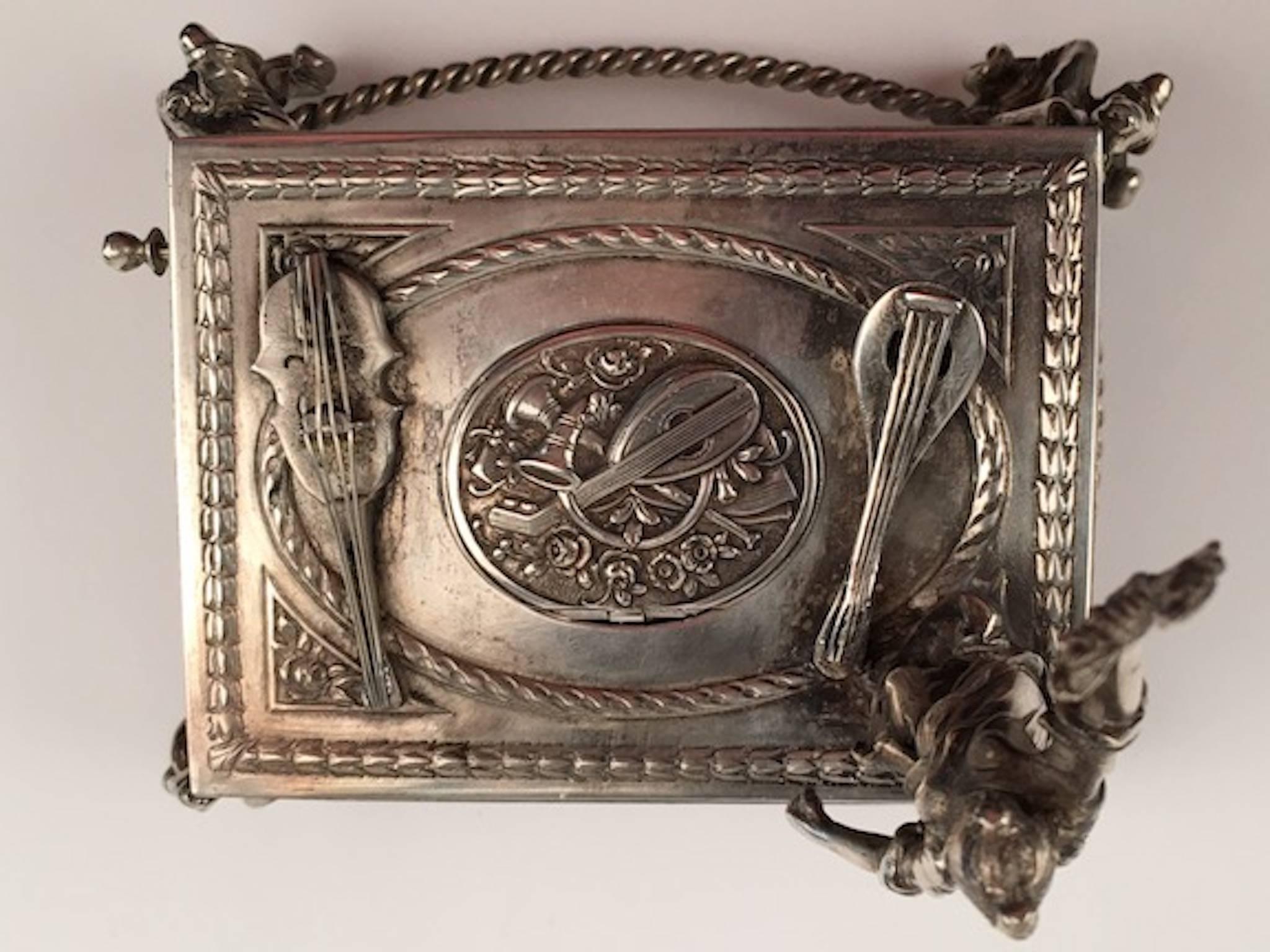 Silver Bird Box with Woman Holding a Wreath In Excellent Condition For Sale In Washington Crossing, PA