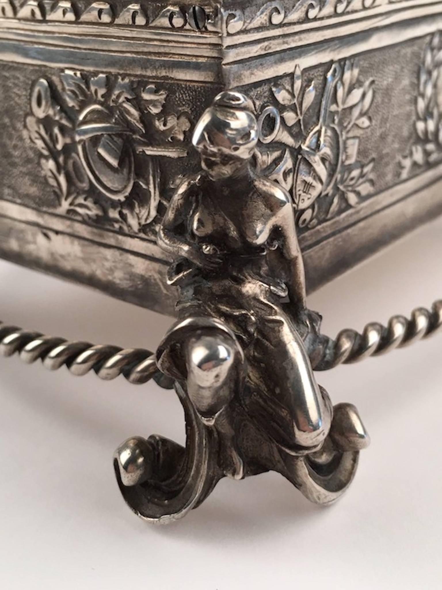 20th Century Silver Bird Box with Woman Holding a Wreath For Sale