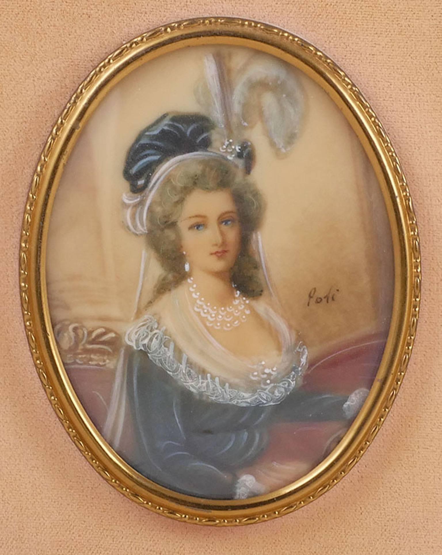 Two miniature portraits, hand-painted on natural material, each measuring about 3 inches high and signed.
Information on back indicates that one portrait is of Lady Dacres, circa 1820, the other of Countess of Roxburgh, circa 1810. Framed in