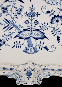 19th Century Meissen Porcelain Blue Onion Sculpted Large Square Handled Platter