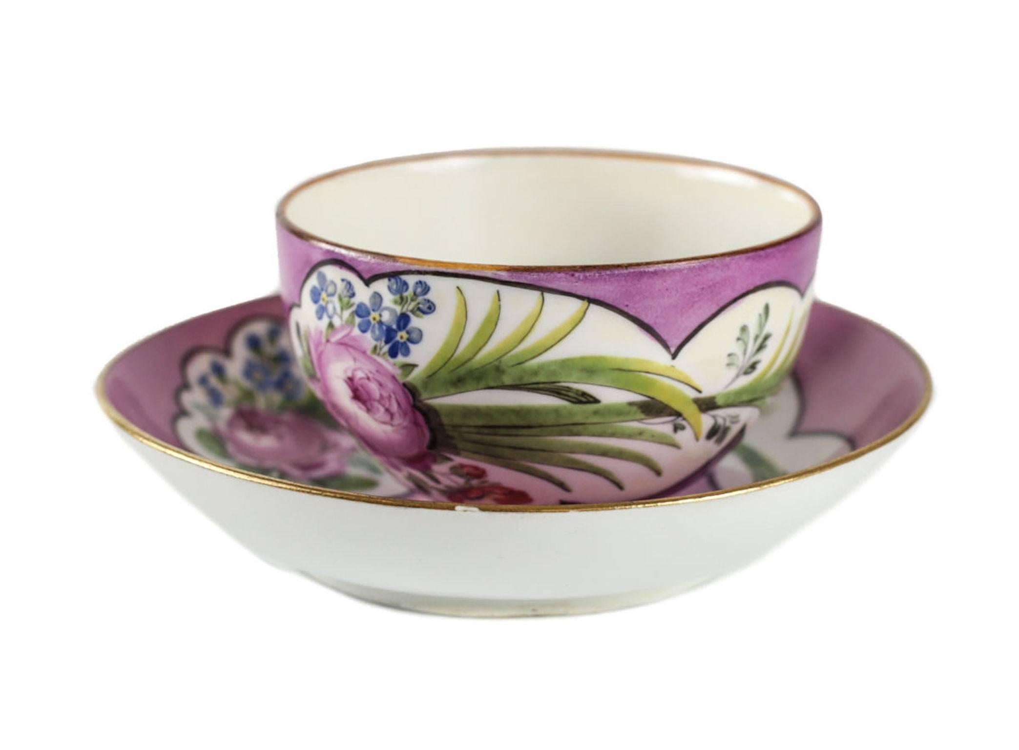 German Meissen Marcolini Porcelain Cup and Saucer Hand-Painted Pink Rose, circa 1800 For Sale