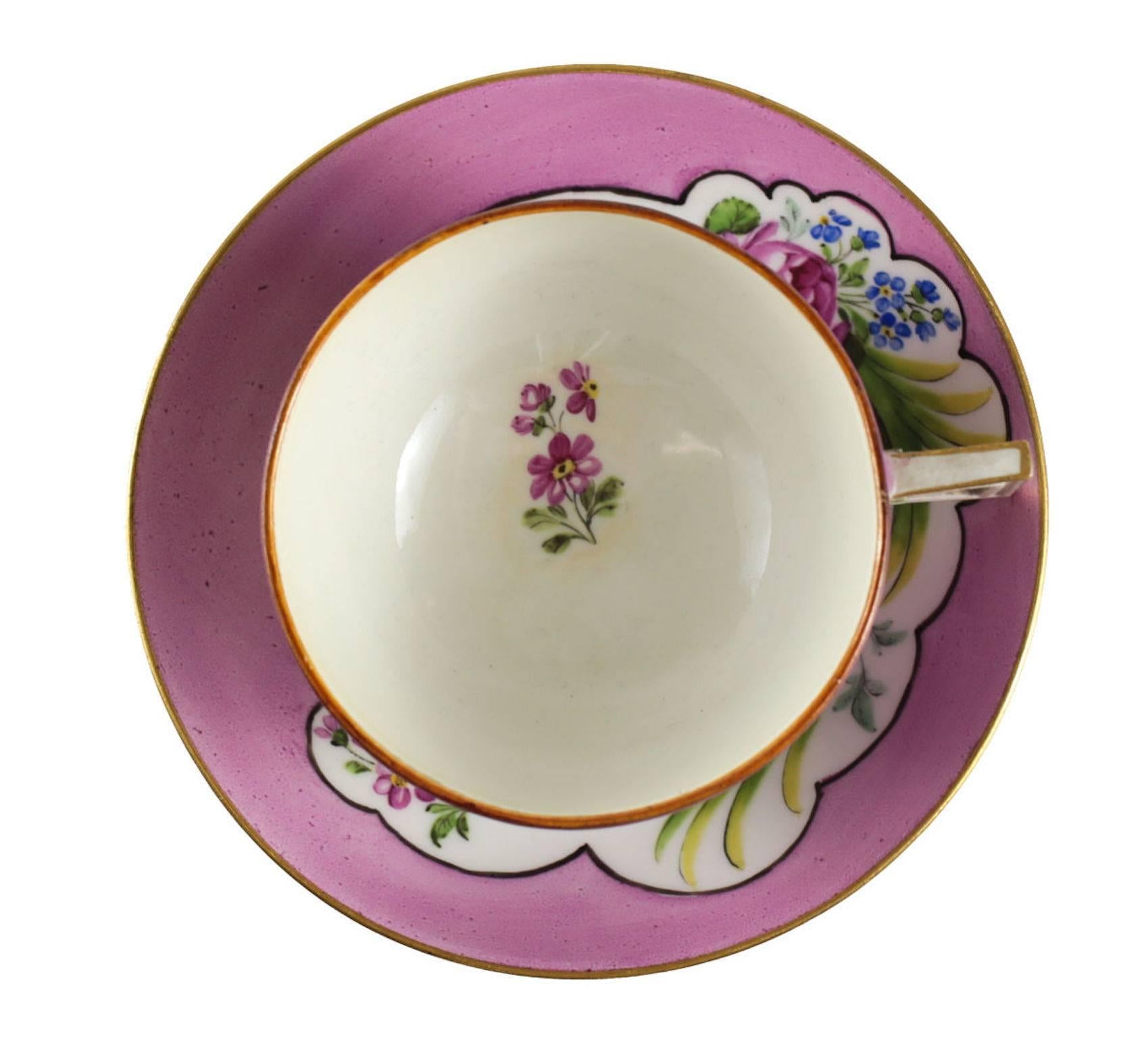 19th Century Meissen Marcolini Porcelain Cup and Saucer Hand-Painted Pink Rose, circa 1800 For Sale
