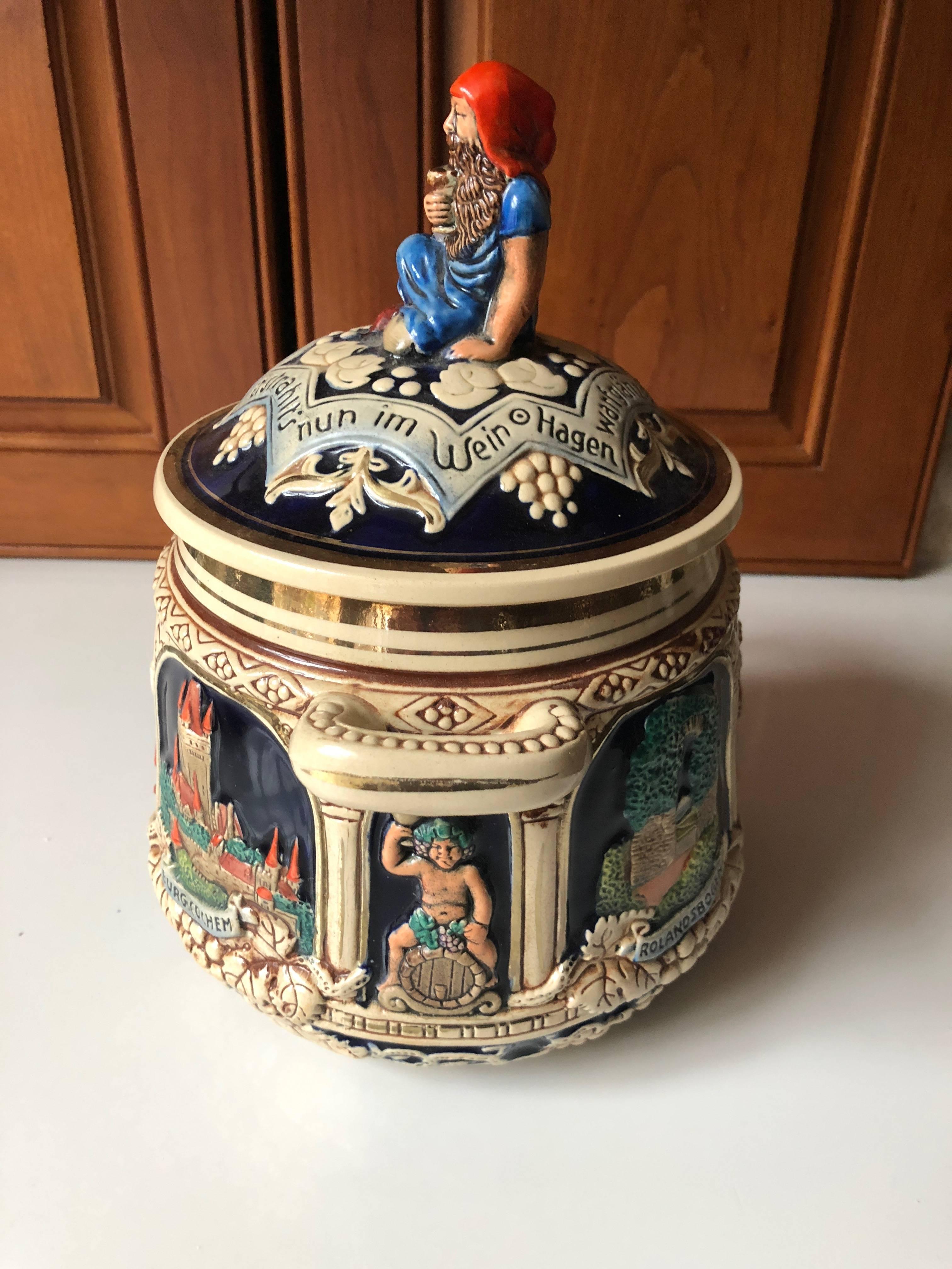 Beautiful tobacco jar with lid
stamped Made in Germany.
