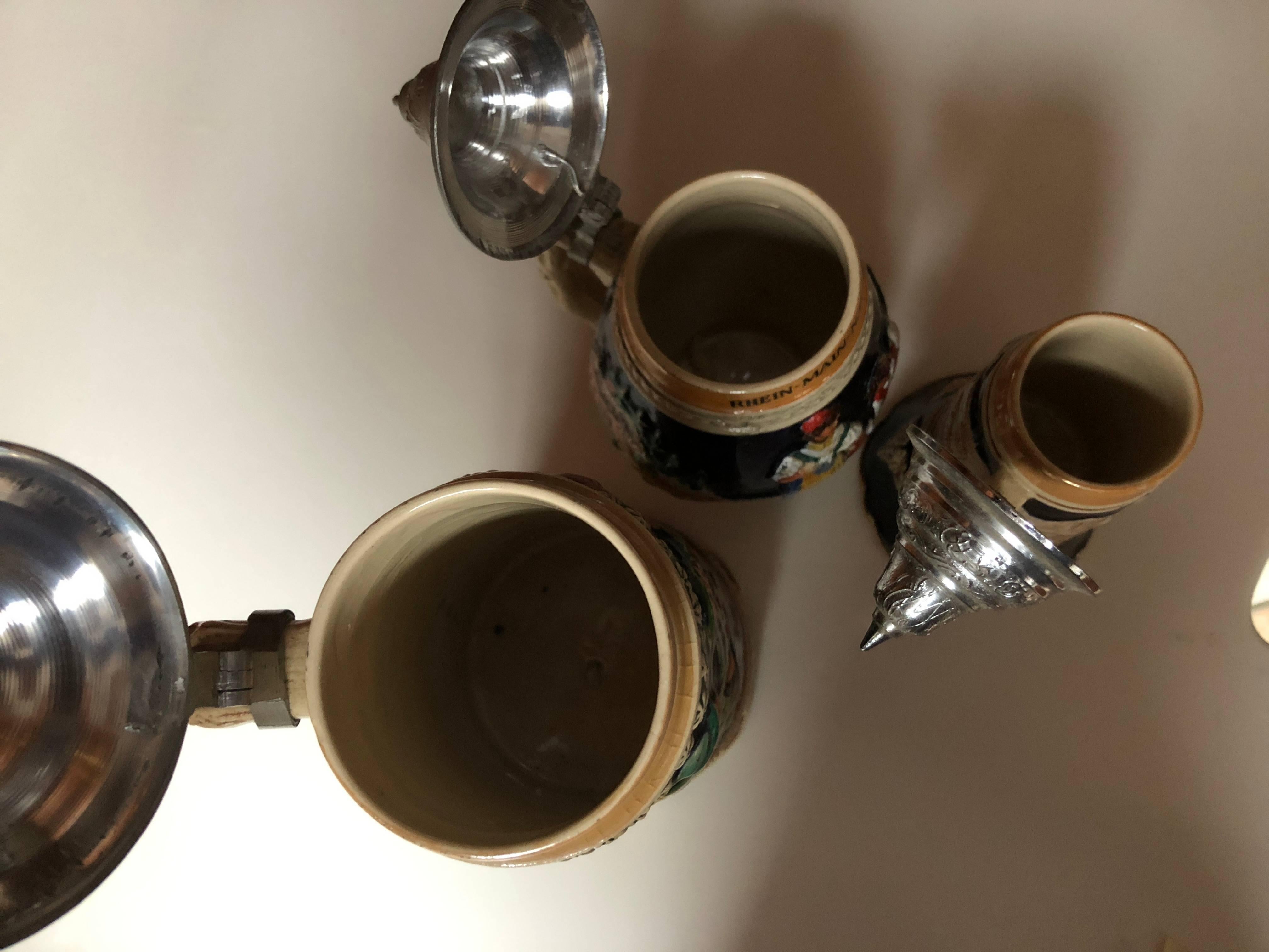 20th Century Set of 3 Vintage German Switzerland Beer Steins