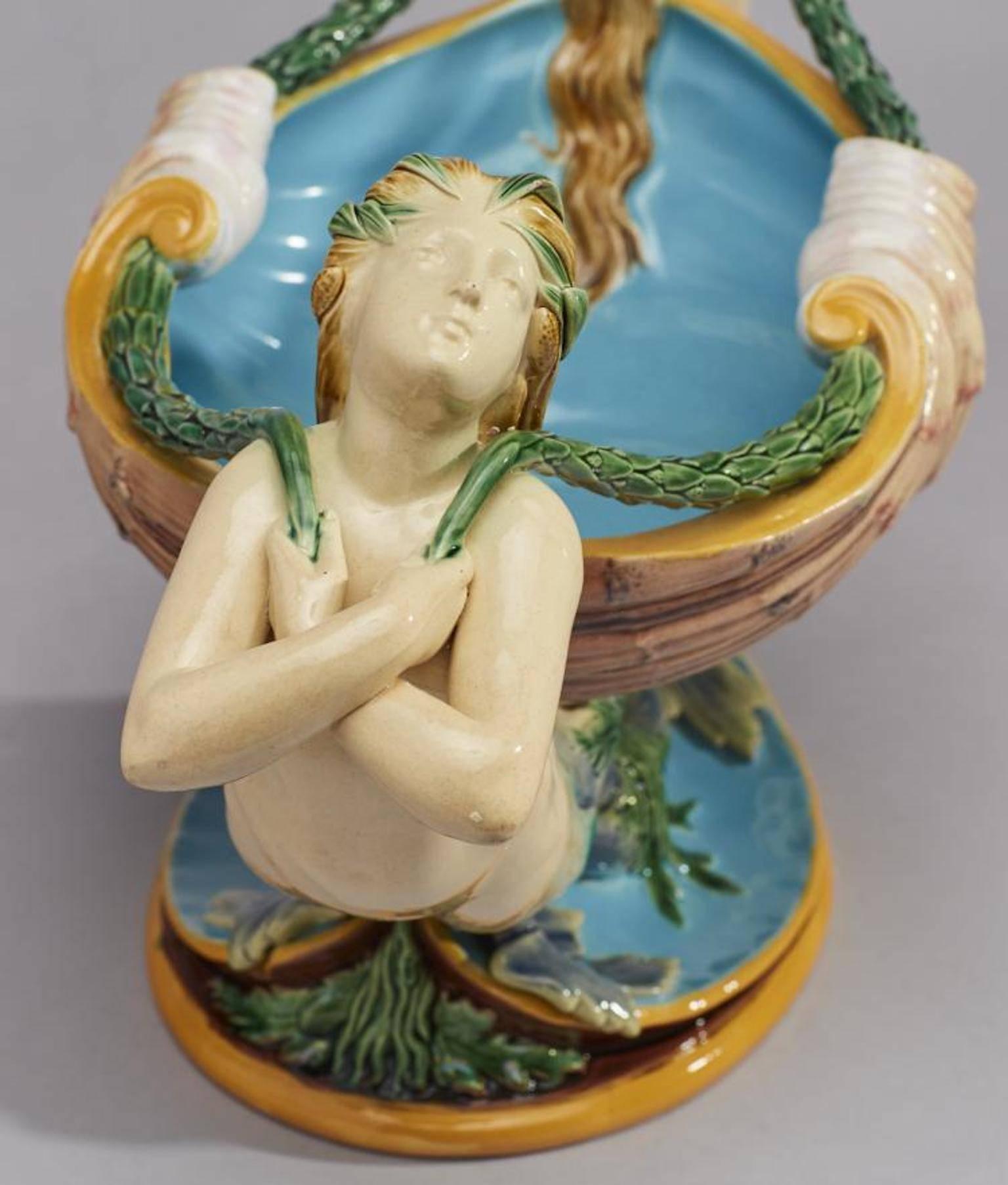 English 19th Century Minton Majolica Shell Form Mermaid Centerpiece For Sale