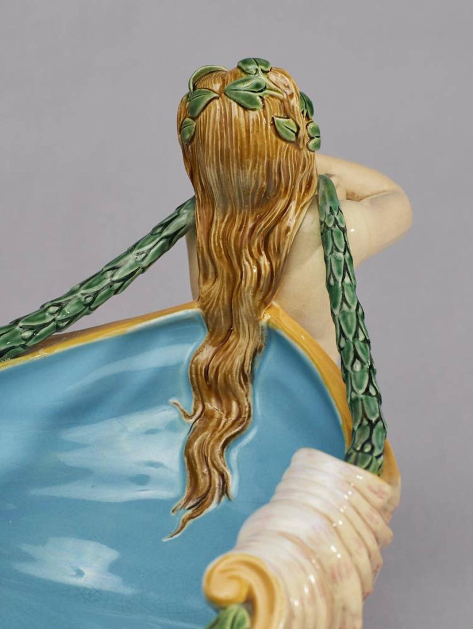 19th Century Minton Majolica Shell Form Mermaid Centerpiece In Excellent Condition For Sale In Washington Crossing, PA