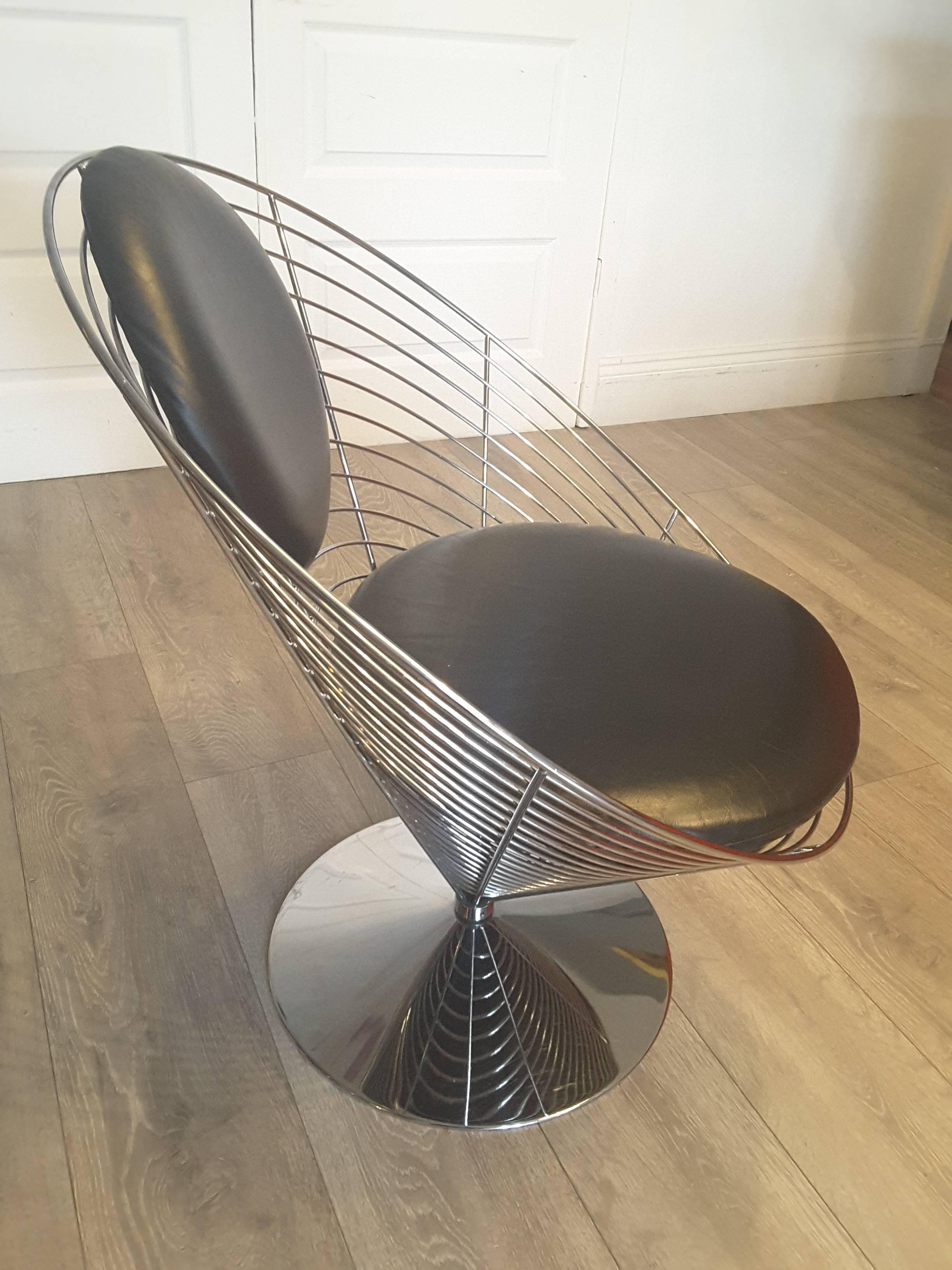 Danish Mid-Century Modern Leather Wire Cone Swivel Chair by Verner Panton