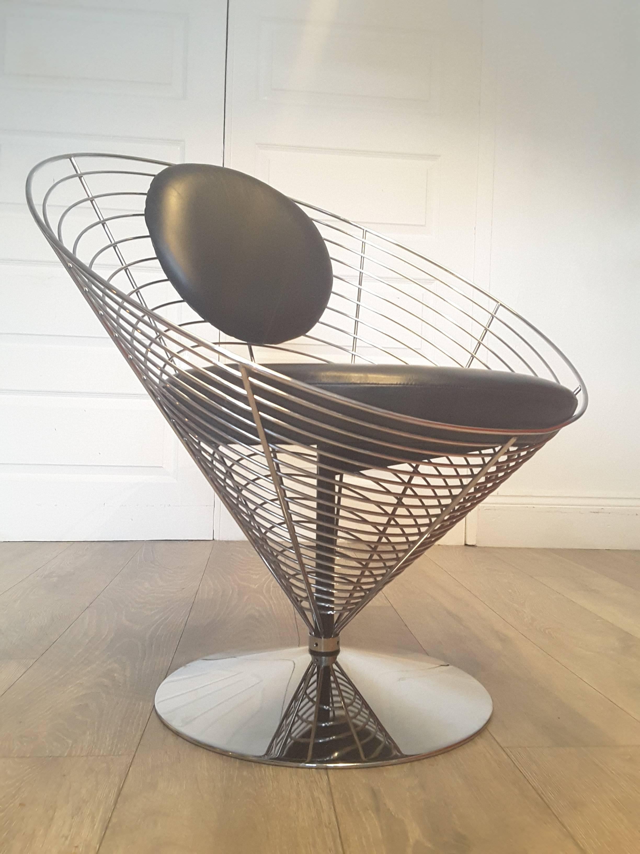 Chrome Mid-Century Modern Leather Wire Cone Swivel Chair by Verner Panton