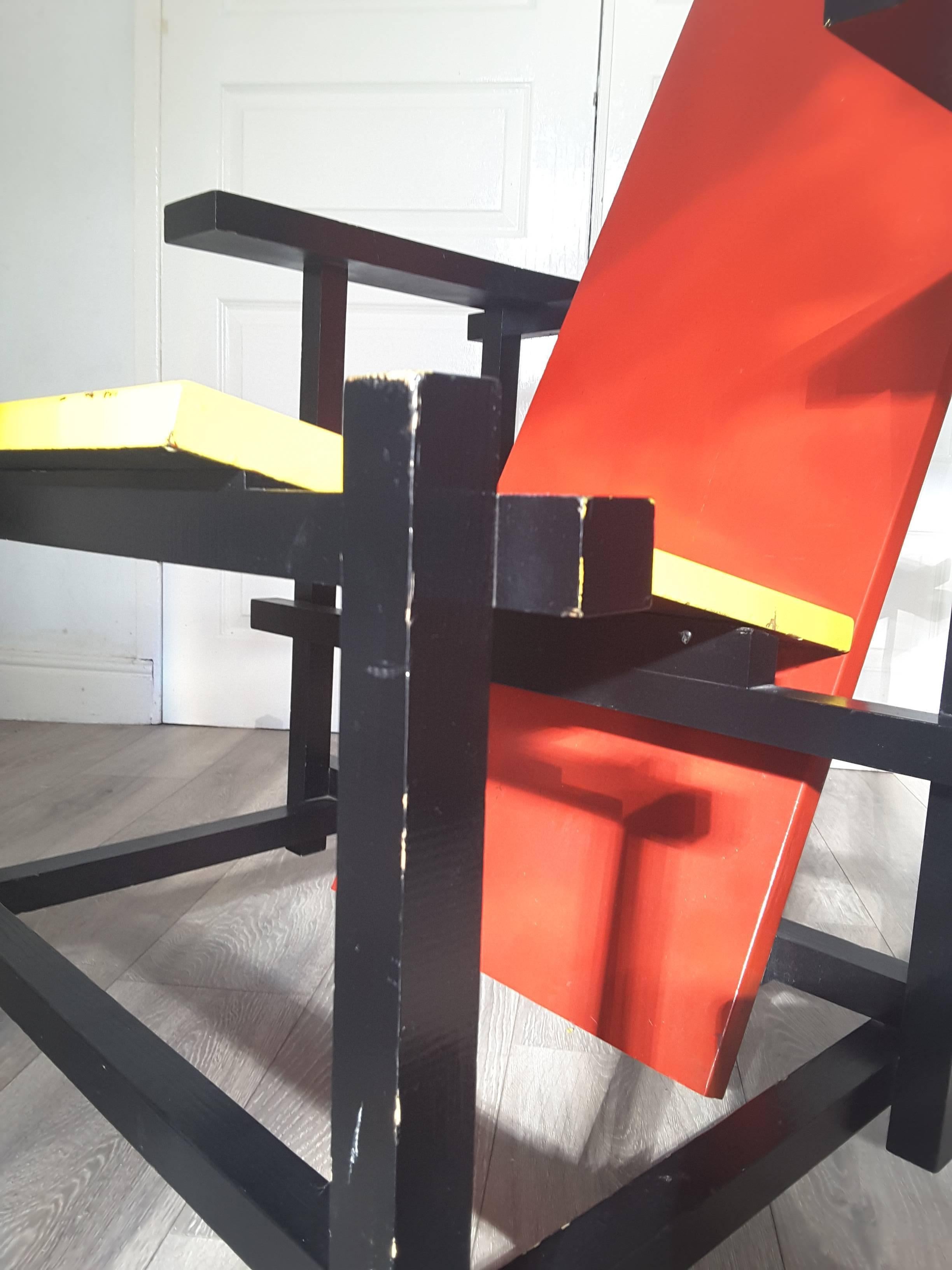 Wood Mid-Century Modern Rietveld Red Blue Chair For Sale