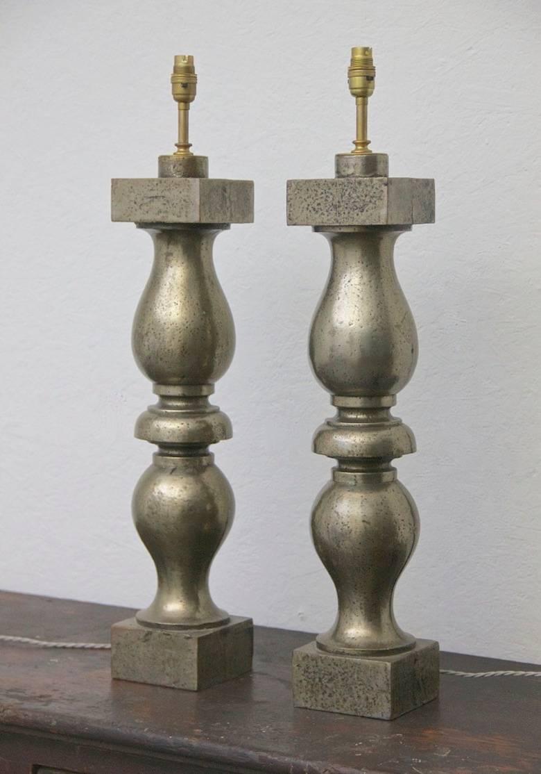 English Pair of 19th Century Polished Iron Baluster Lamps For Sale