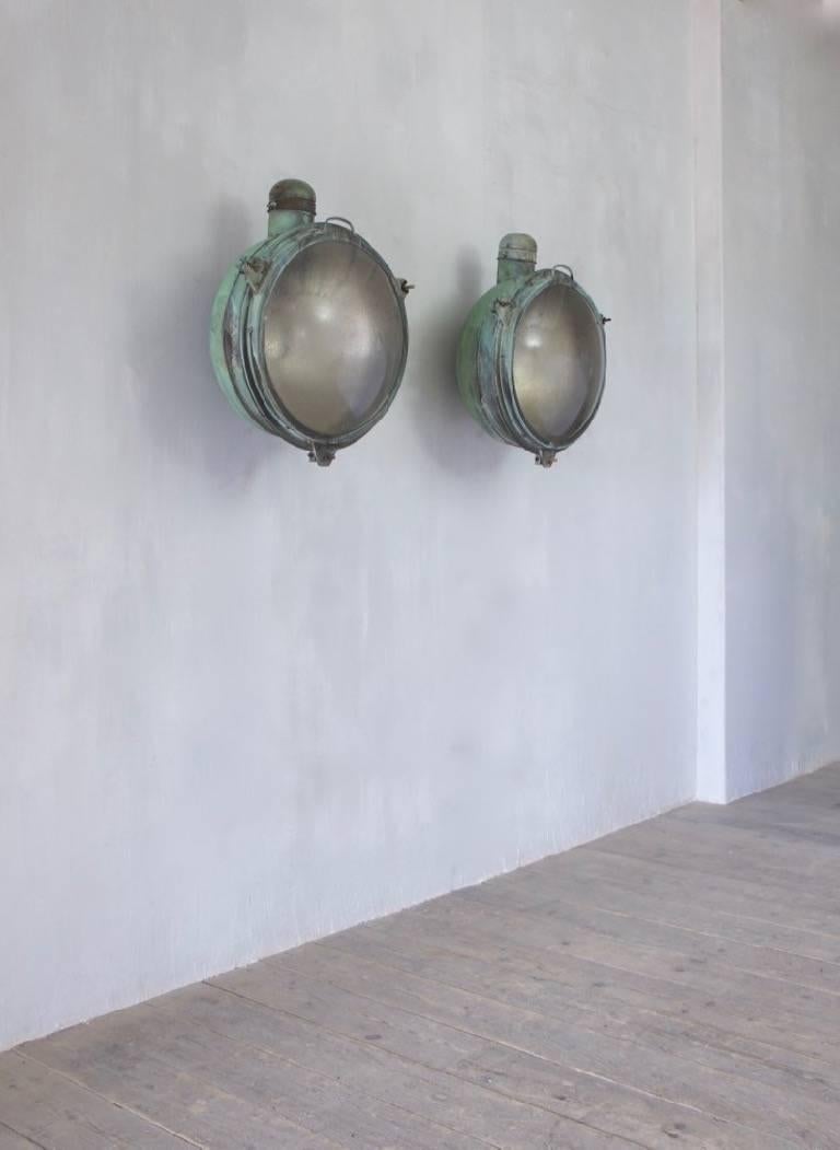 English 1920s Pair of Copper Holophane Wall Lights For Sale