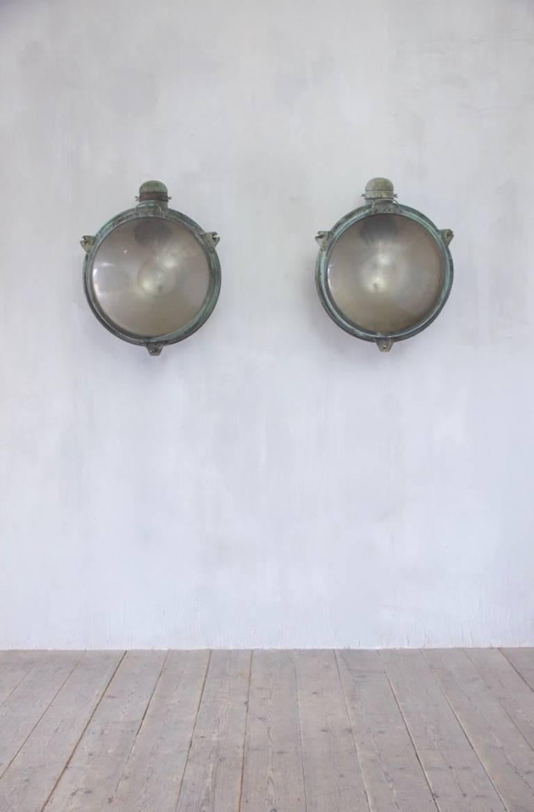 Early 20th Century 1920s Pair of Copper Holophane Wall Lights For Sale