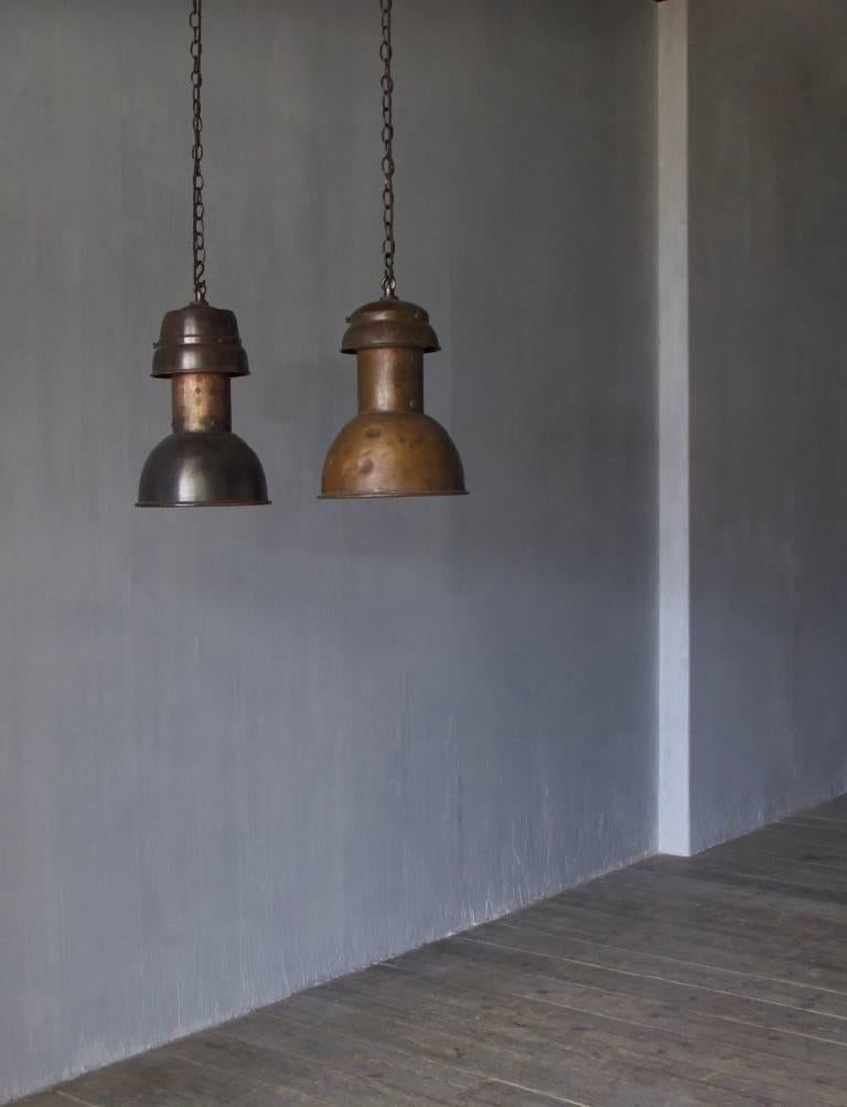 Mid-20th Century Two Similar Copper Pendant Lights with Faceted Glass Interiors