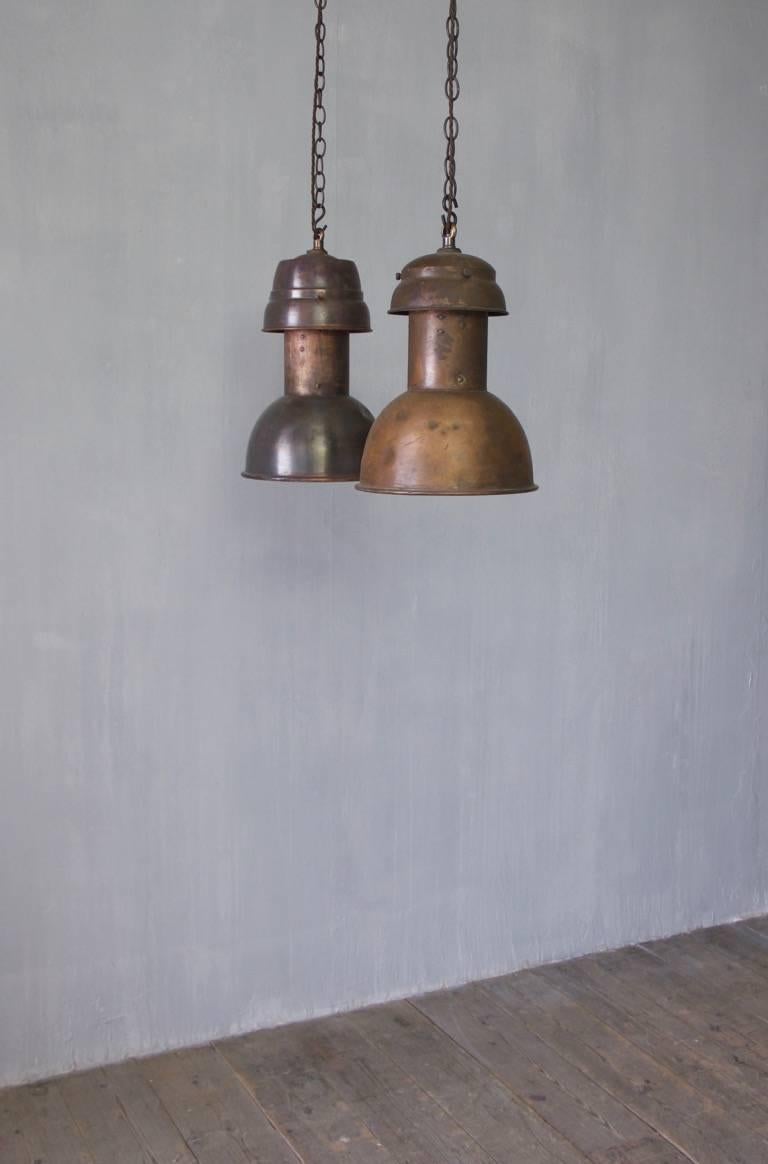 Two Similar Copper Pendant Lights with Faceted Glass Interiors In Good Condition In Stamford, GB