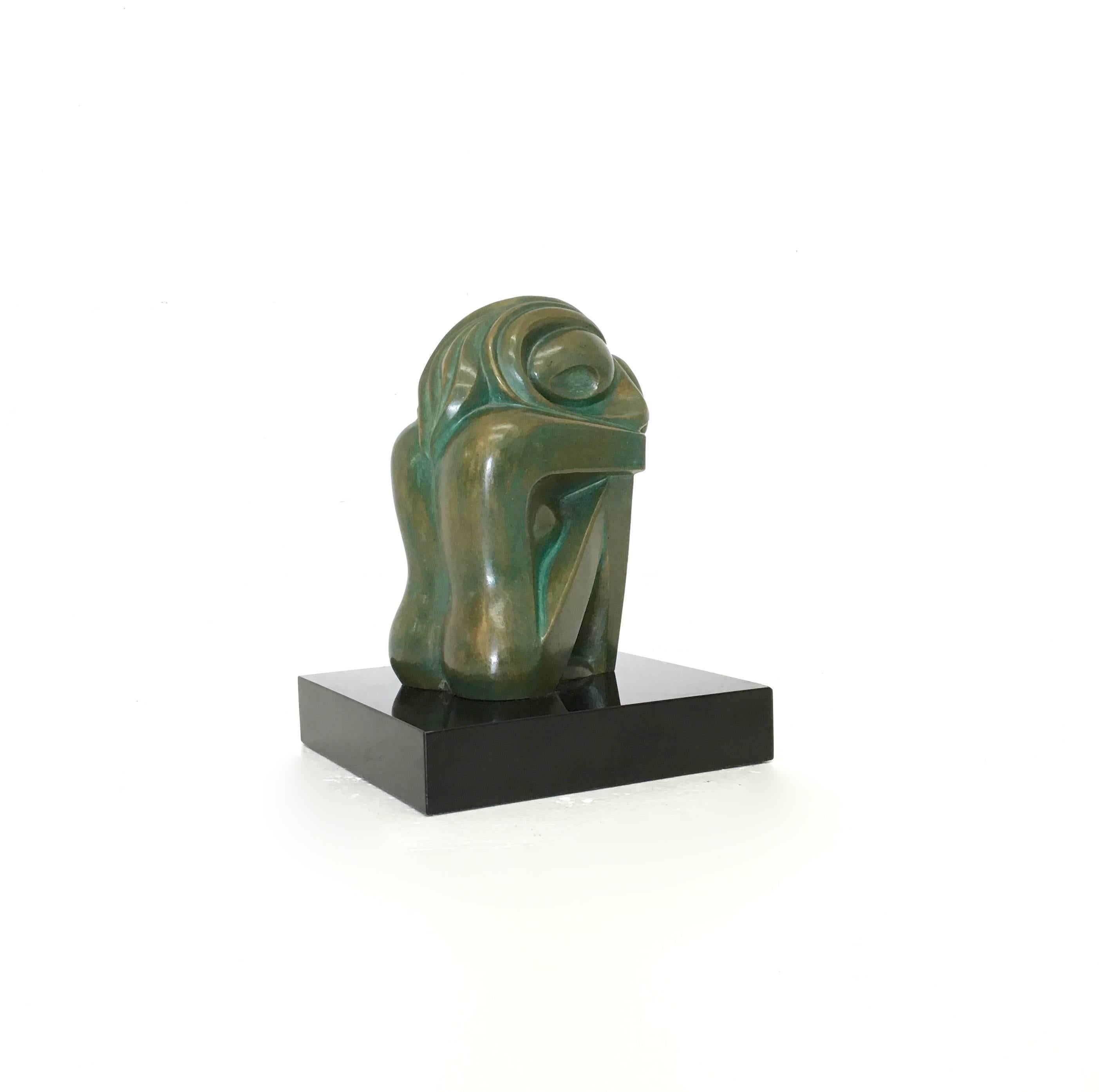 Mid-Century bronze nude by Jose Ledesma Zavala created in the 1950s which is accompanied with a letter of authenticity. There is a wash on the bronze giving it a green hue in the curves of the bronze. 
Set on a black polished stone base measuring