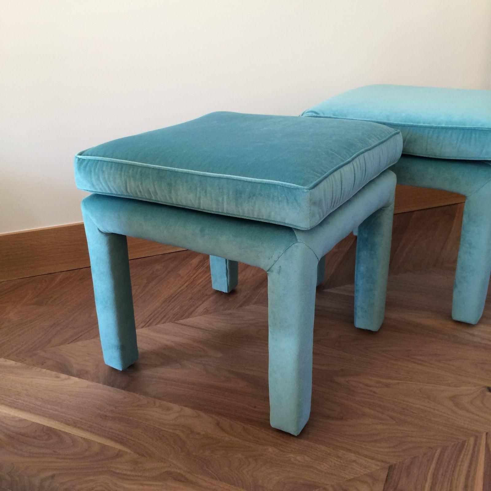 Hollywood Regency Pair of Aqua Velvet Parsons Stools