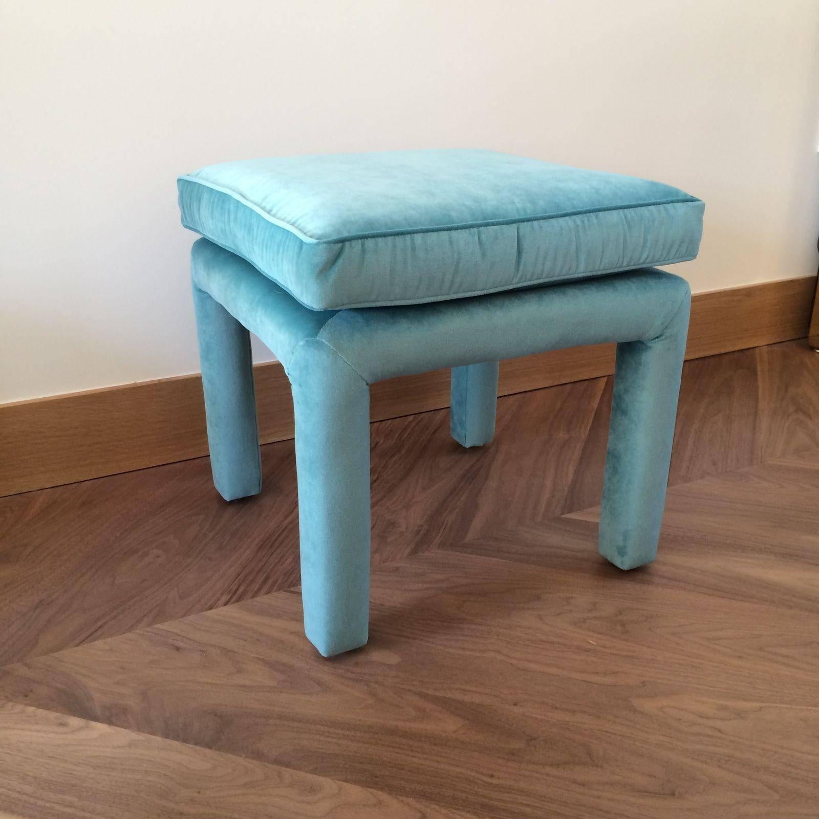 Pair of Aqua Velvet Parsons Stools In Excellent Condition In New Hyde Park, NY