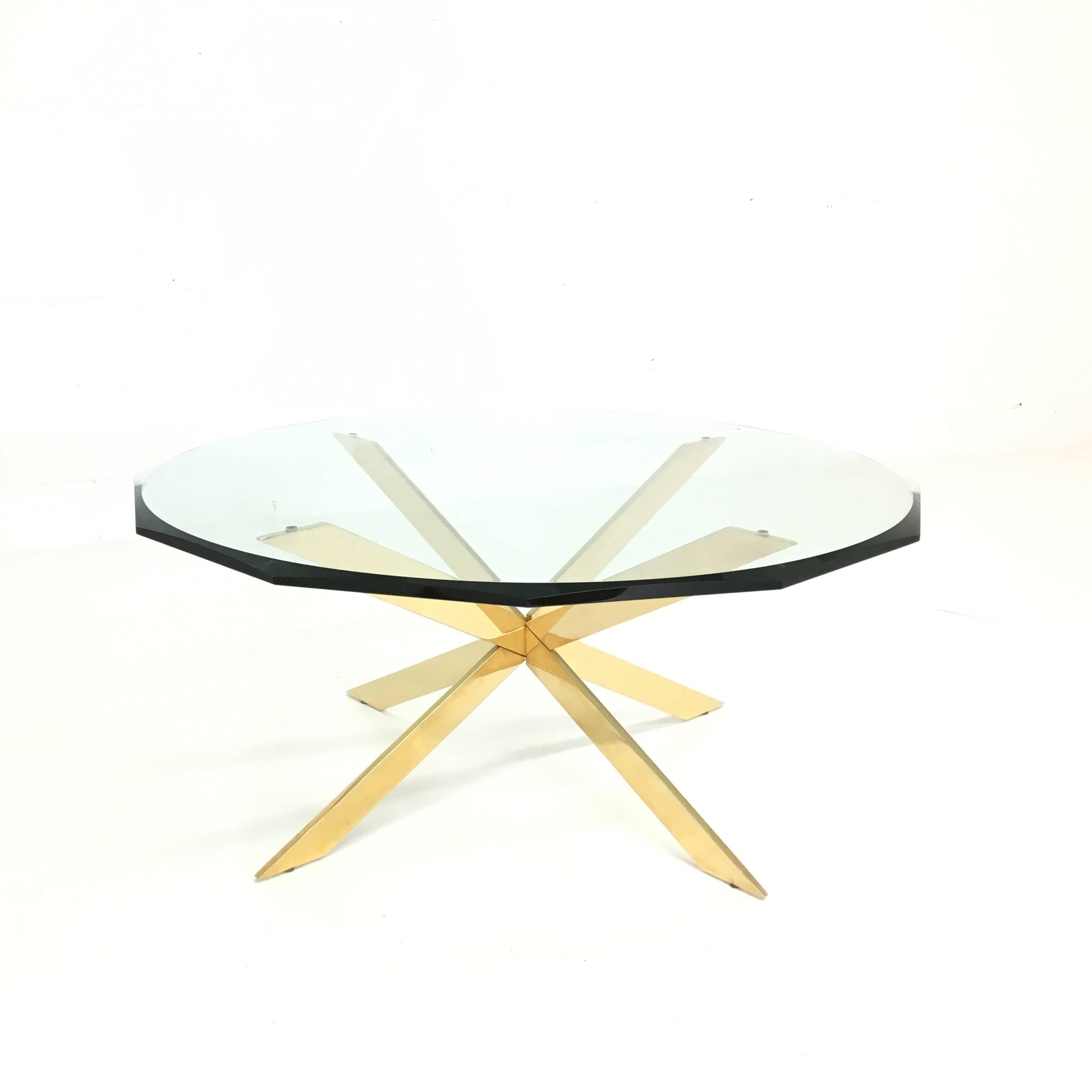 Leon Rosen Double-X Base Brass Coffee Table In Good Condition In New Hyde Park, NY