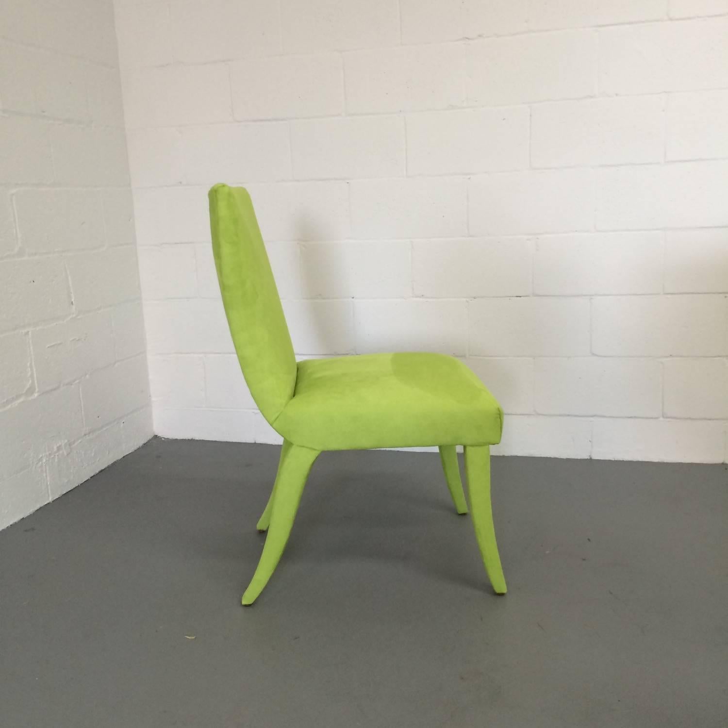 Make a statement with these amazing dining chairs upholstered in a vibrant lime green ultra suede, which is renowned for its stain resistance. These are fantastic, comfortable and very unique dining chairs with little retro twist!