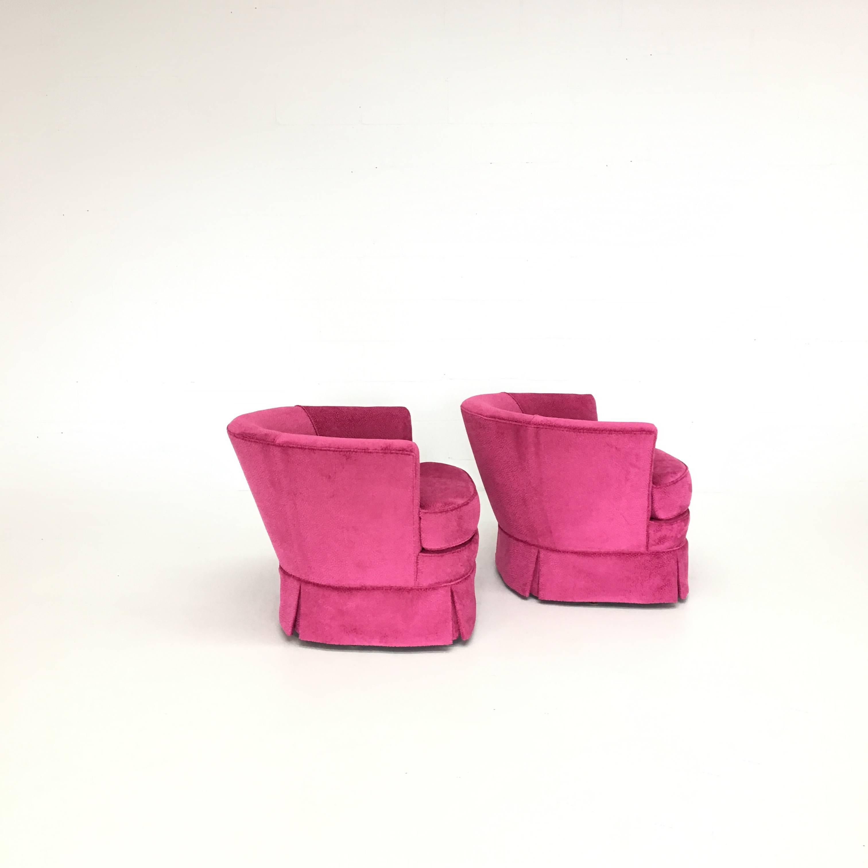 Hollywood Regency Pair of Pink Mod Velvet Swivel Bucket Chairs